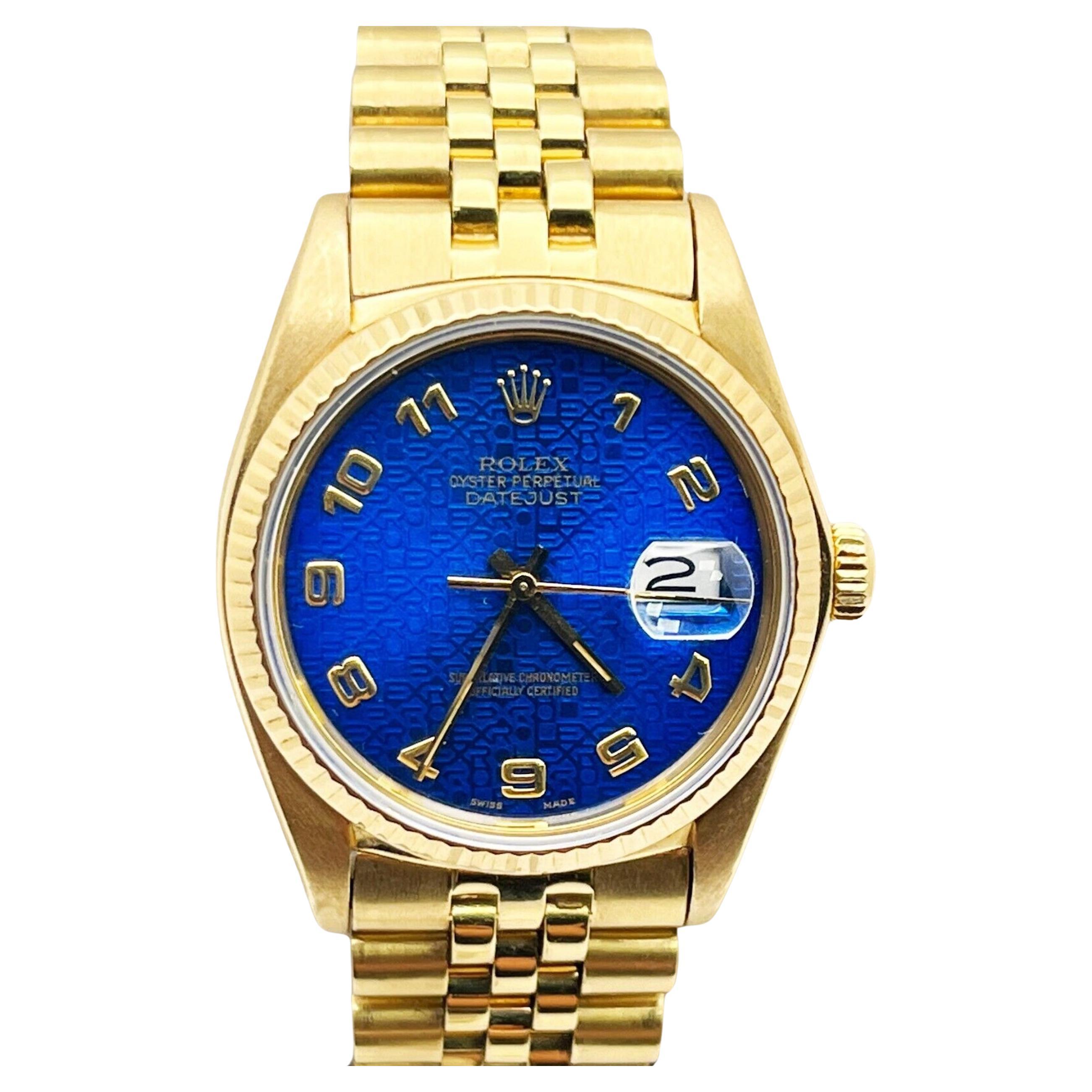 Rolex 16018 Datejust Factory, cadran bleu anniversaire en or jaune 18 carats