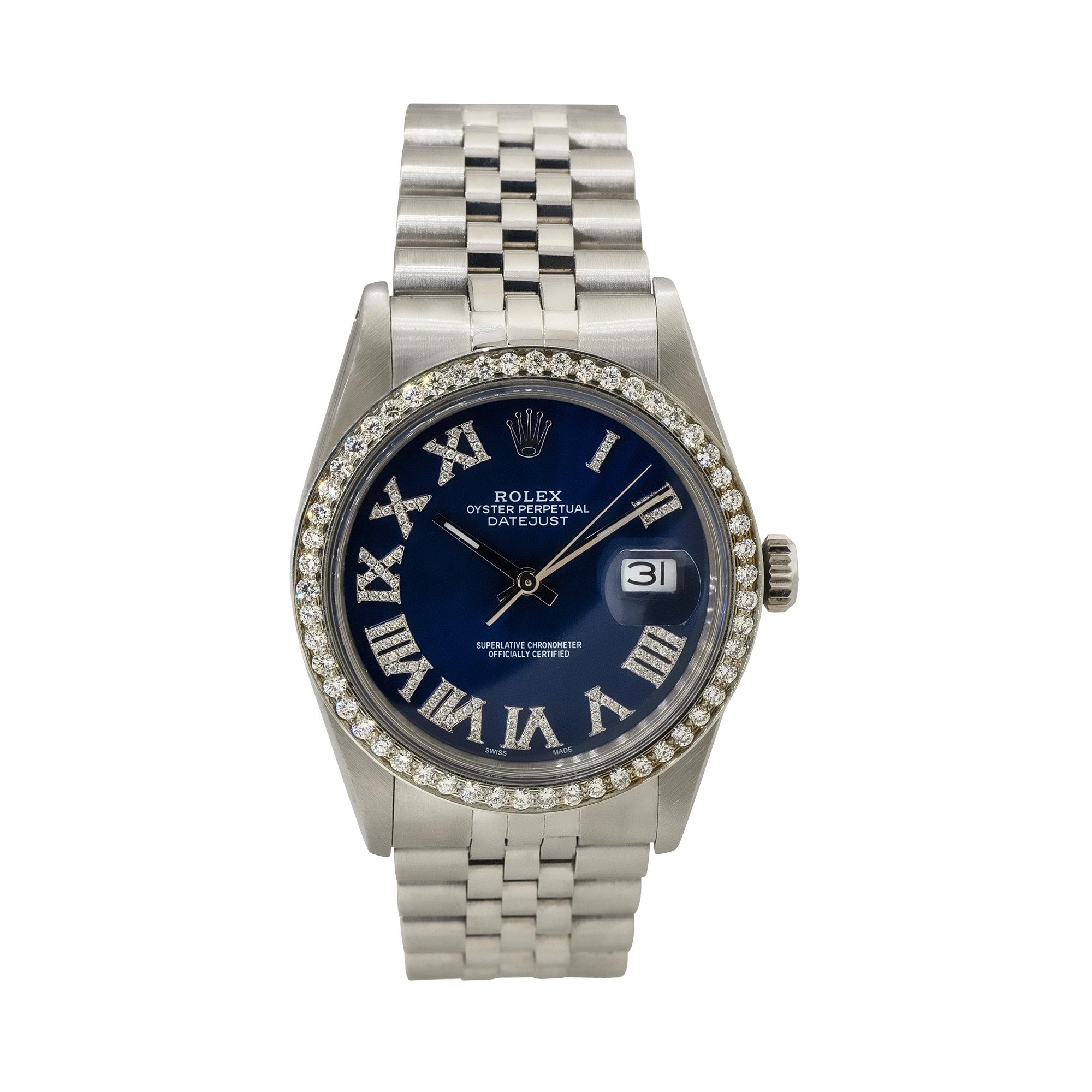 Modern Rolex 16030 Datejust 36mm Stainless Steel Aftermarket Diamond Bezel Dial Watch For Sale