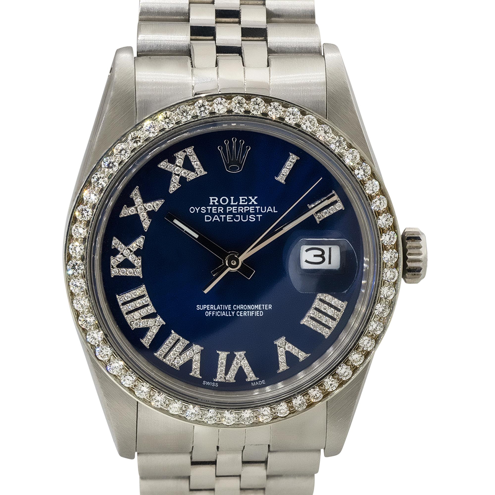 Round Cut Rolex 16030 Datejust 36mm Stainless Steel Aftermarket Diamond Bezel Dial Watch For Sale