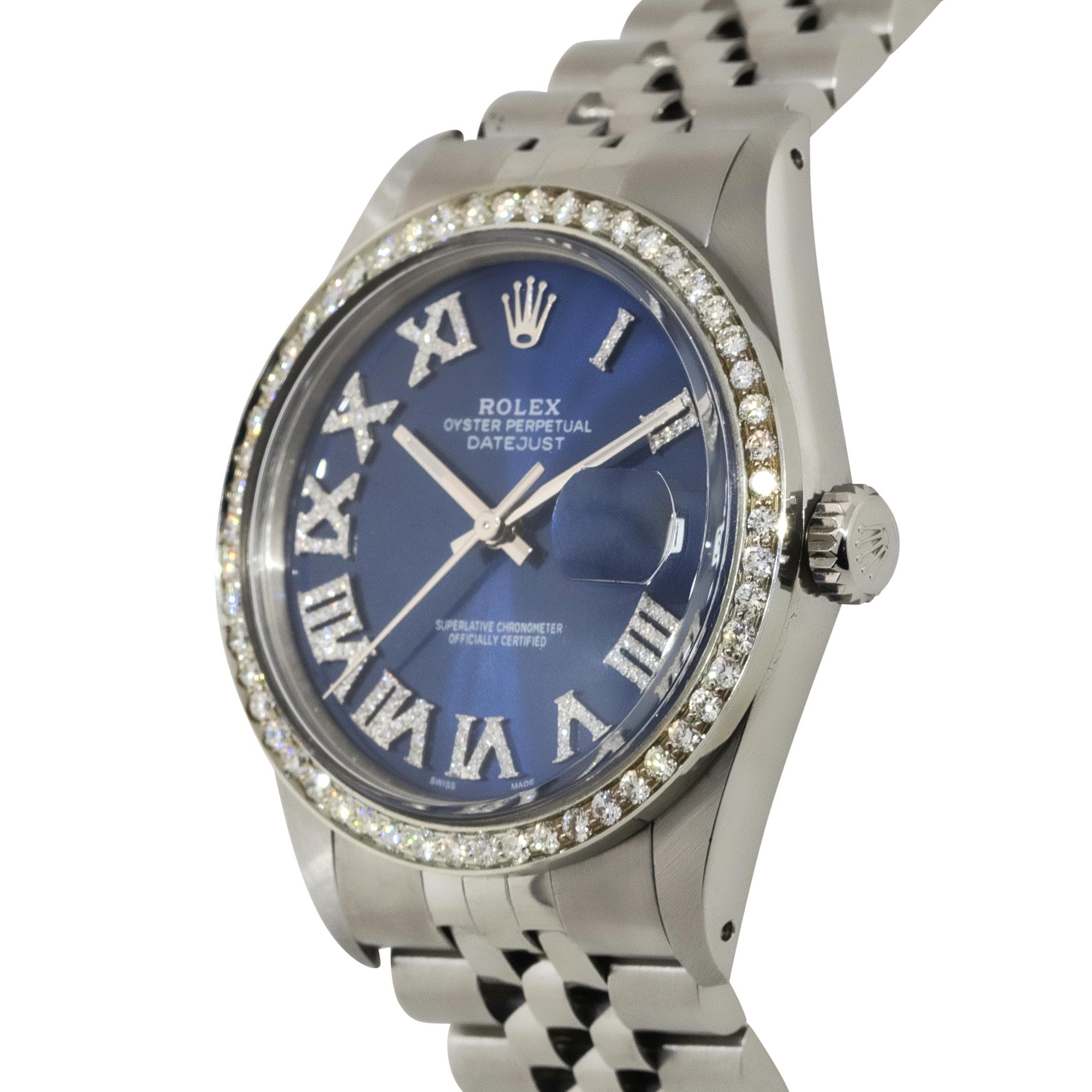 Rolex 16030 Datejust 36mm Stainless Steel Aftermarket Diamond Bezel Dial Watch In Excellent Condition For Sale In Boca Raton, FL