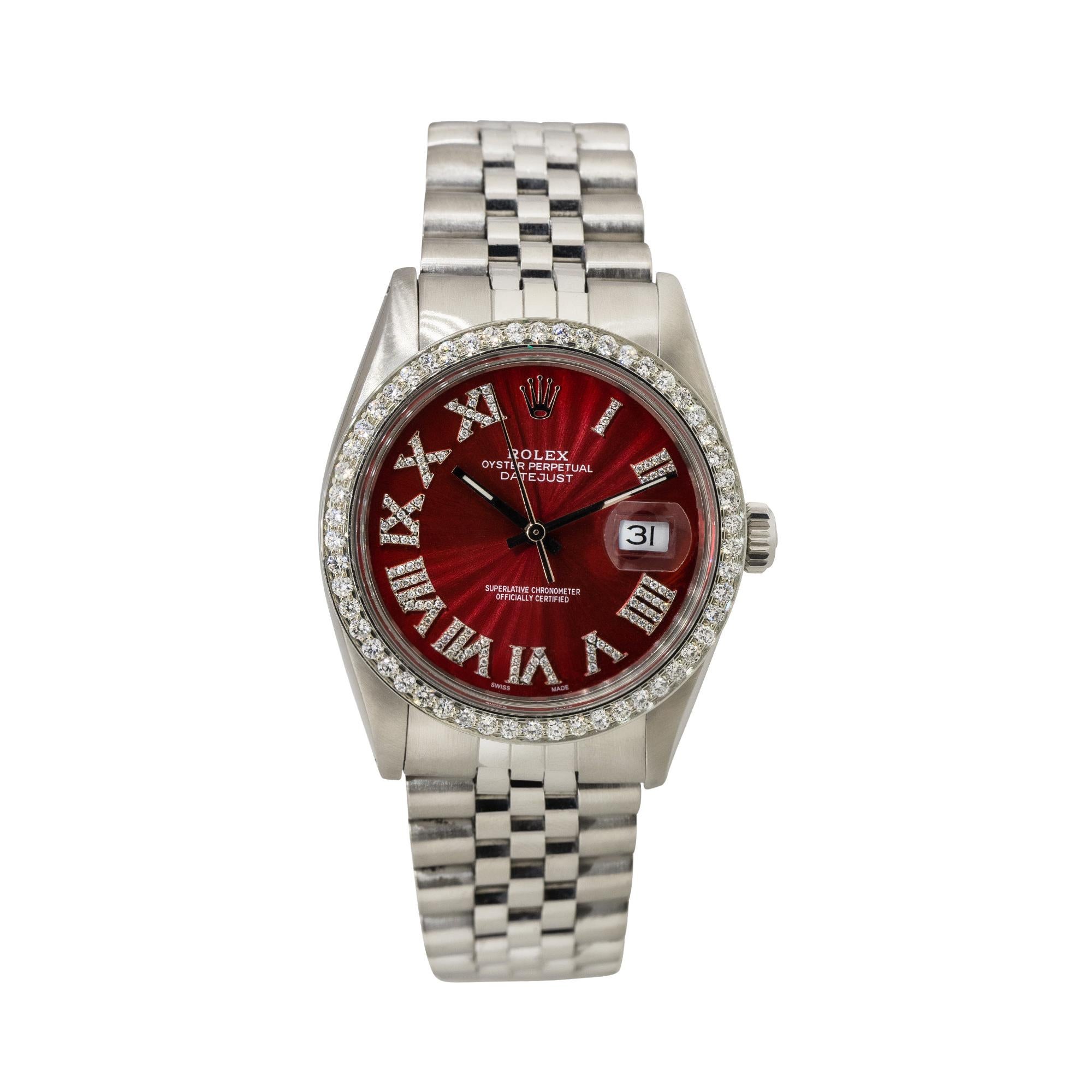 Rolex 16030 Datejust 36mm Stainless Steel Red Diamond Dial Watch
The Rolex 16030 Datejust with a red diamond dial offers a bold and distinctive design that appeals to those seeking a standout and stylish timepiece. The combination of stainless steel
