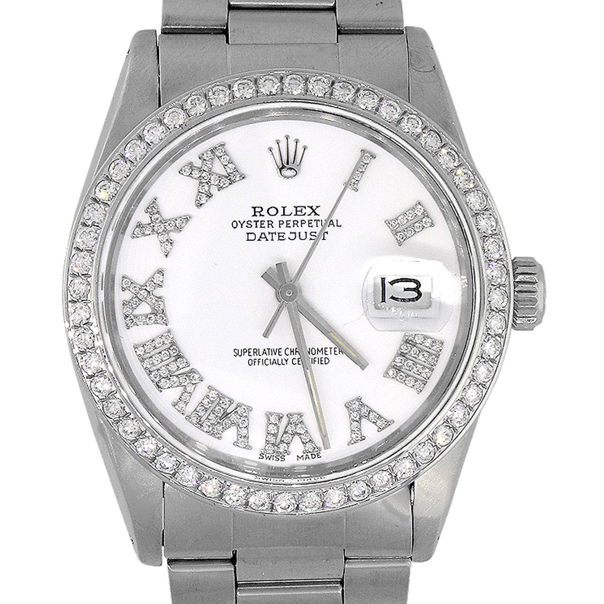 Brand: Rolex
MPN: 16030
Model: Datejust
Case Material: Stainless steel
Case Diameter: 36mm
Crystal: Scratch resistant sapphire
Bezel: Stainless steel Diamond bezel (Aftermarket)
Dial: White roman diamond dial with silver hands