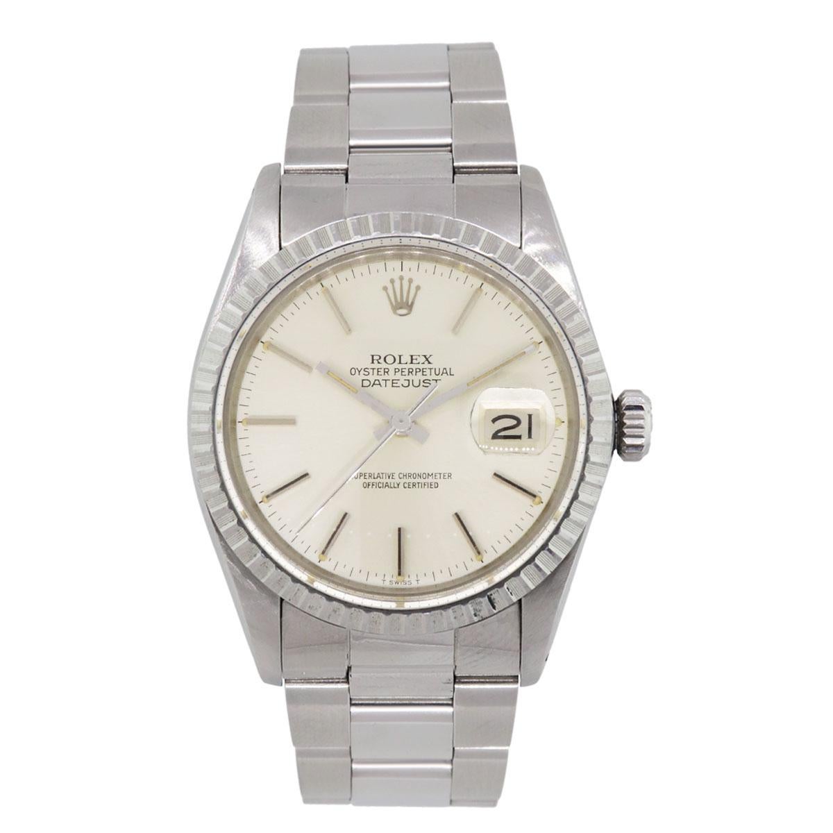 Brand: Rolex
MPN: 16030
Model: Datejust
Case Material: Stainless steel
Case Diameter: 36mm
Crystal: Scratch resistant sapphire
Bezel: Stainless steel engine turned bezel
Dial: Silver stick dial
Bracelet: Stainless steel oyster band
Size: Will fit up