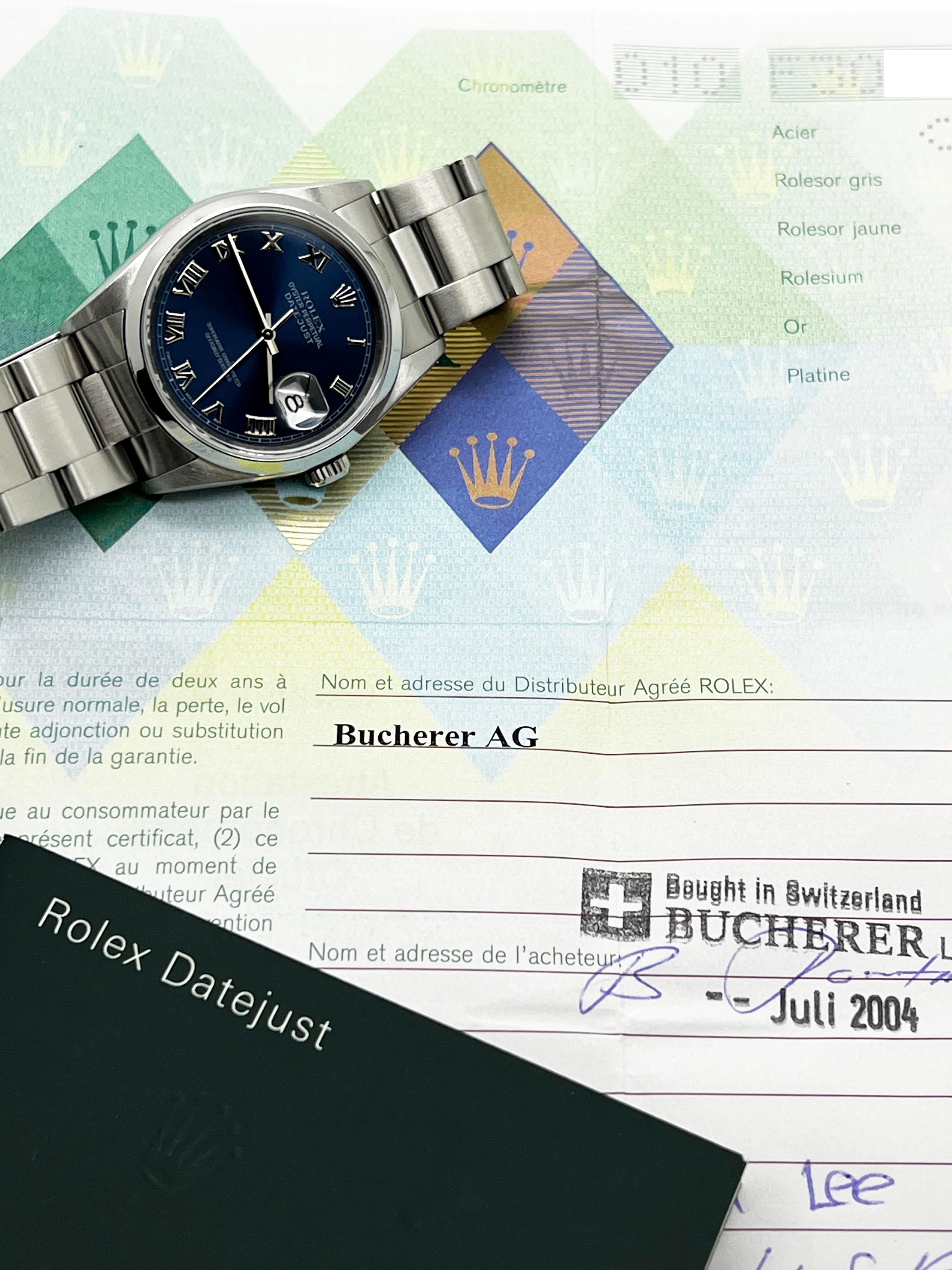 Rolex 16200 Datejust Blaues römisches Zifferblatt Edelstahl Box Papier 2004 im Zustand „Hervorragend“ in San Diego, CA