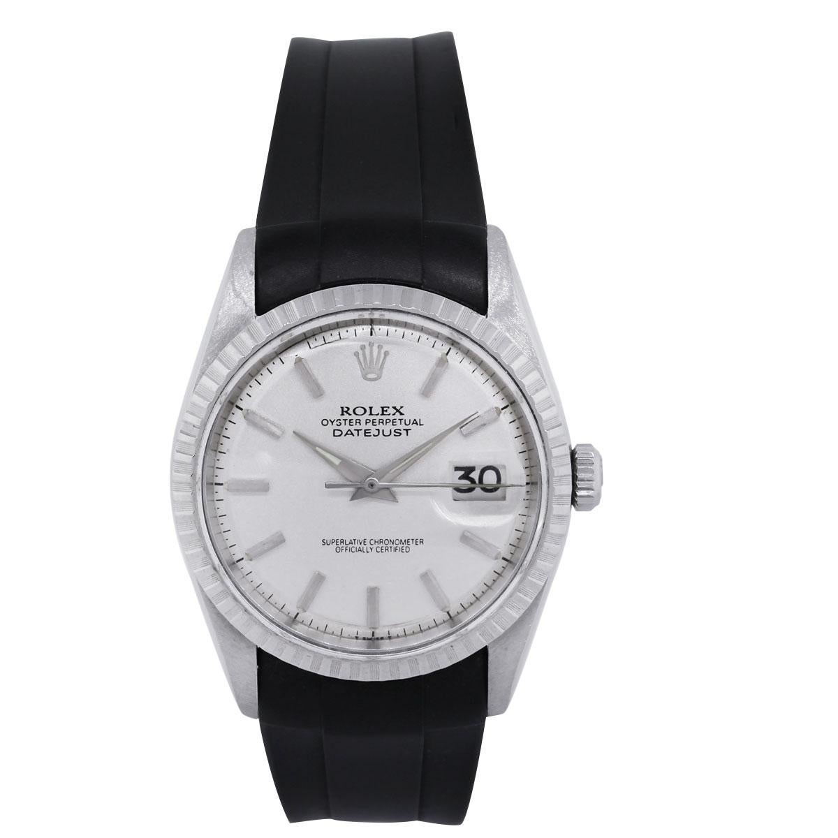 Brand: Rolex
MPN	: 16200
Style: Datejust
Serial: Number	“U”
Case Material: Stainless Steel
Dial: Silver dial with raised hour markers and hands. Date is displayed at 3 o’clock.
Bezel: Stainless steel engine turned bezel.
Case Measurements: