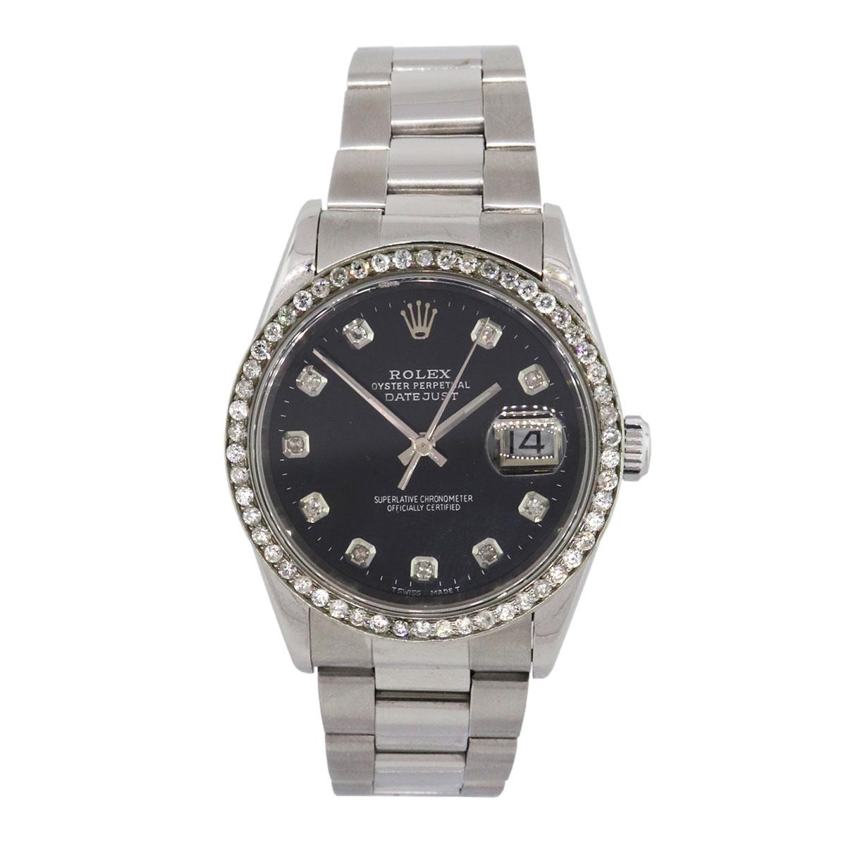 Brand: Rolex
MPN: 16200
Model: Datejust
Case Material: Stainless steel
Case Diameter: 36mm
Crystal: Sapphire crystal (scratch resistant)
Bezel: Diamond bezel (aftermarket)
Dial: Black dial with diamond hour markers (aftermarket)
Bracelet: Stainless