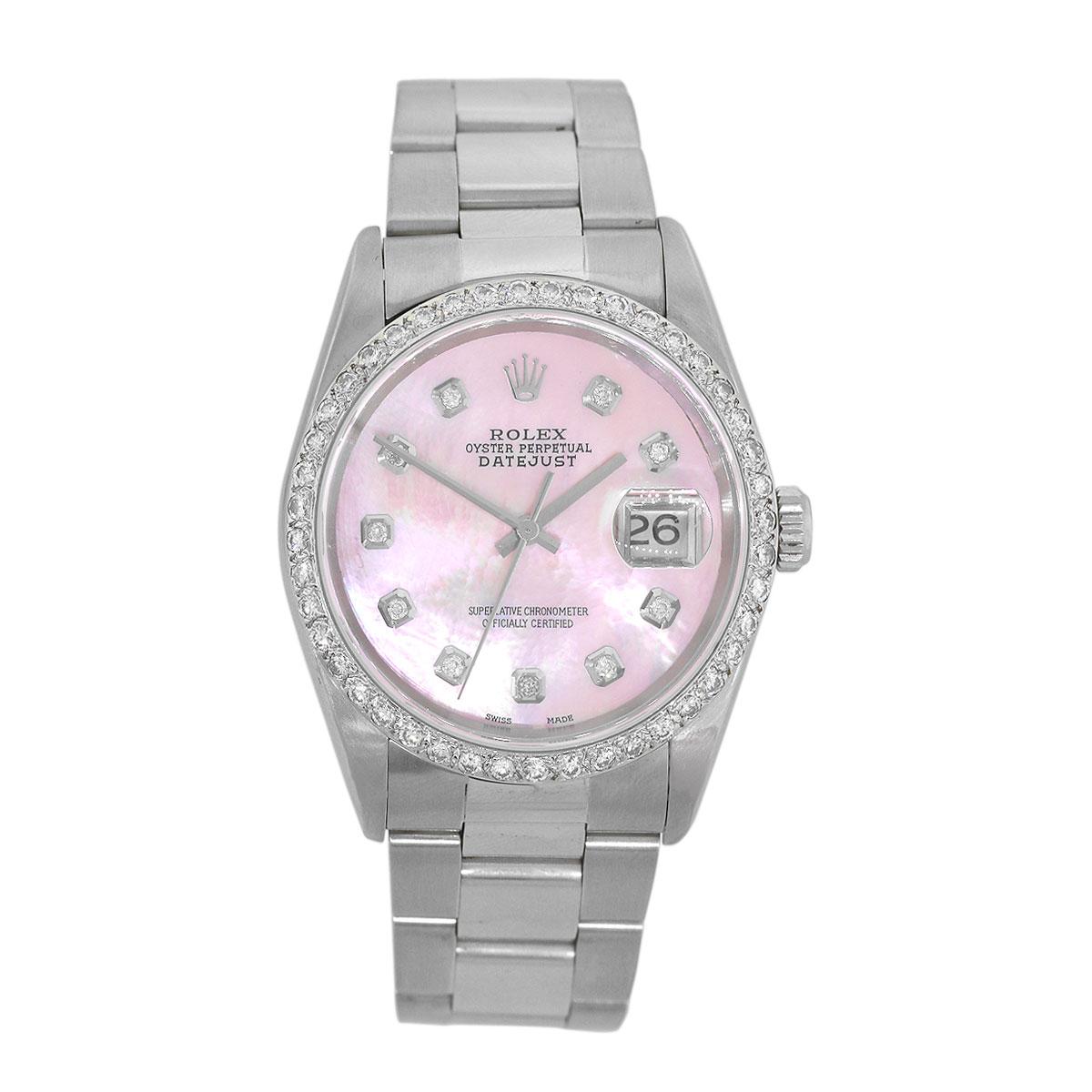 
Brand: Rolex
MPN	: 16220
Model: Datejust
Case Material: Stainless steel with no holes
Case Diameter: 36mm
Crystal: Sapphire Crystal
Bezel: Aftermarket stainless steel diamond bezel
Dial: Aftermarket mother of pearl pink Dial with silver hands and