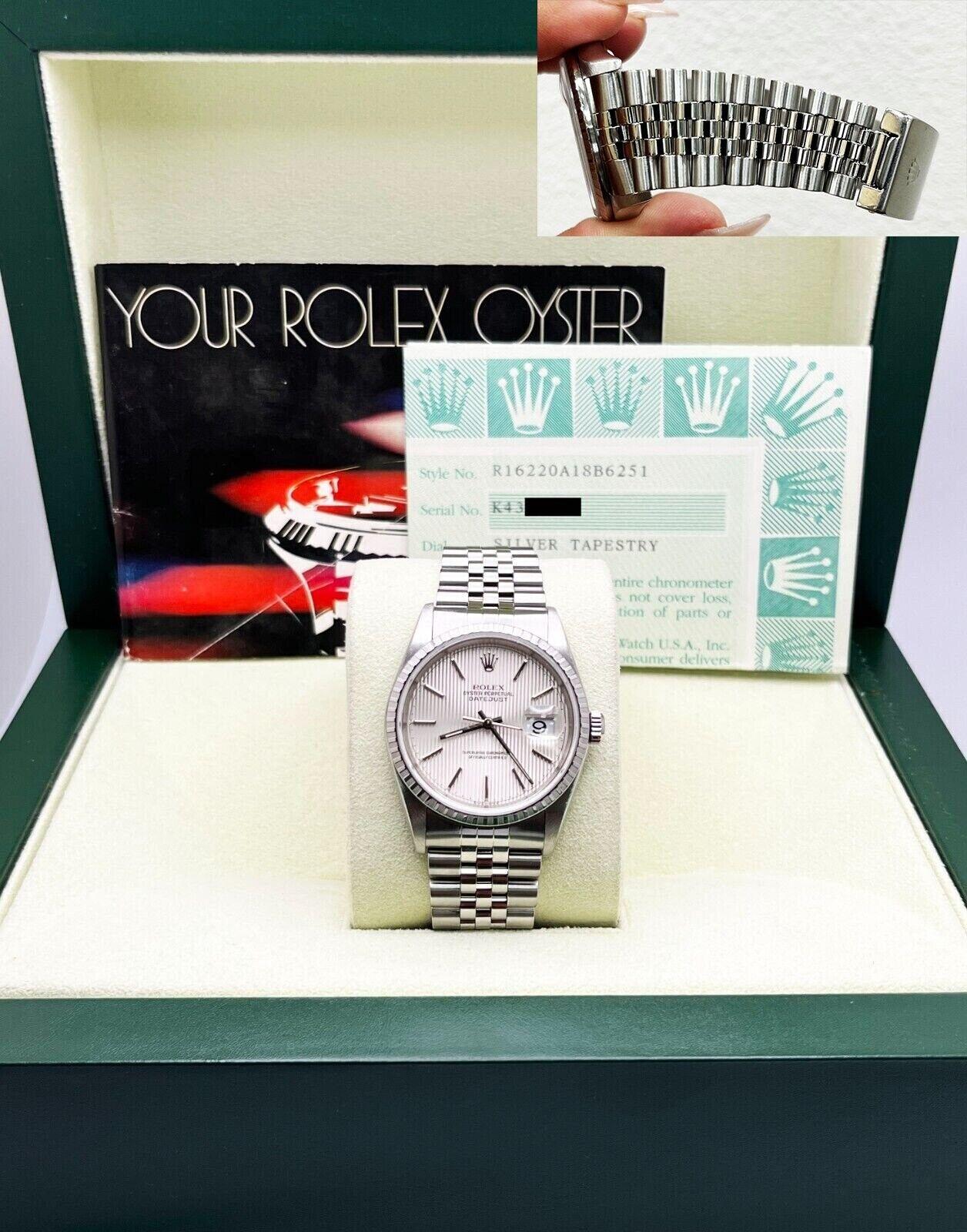 Rolex 16220 Datejust Silver Tapestry Dial Stainless Steel 2004 Box Paper For Sale 1