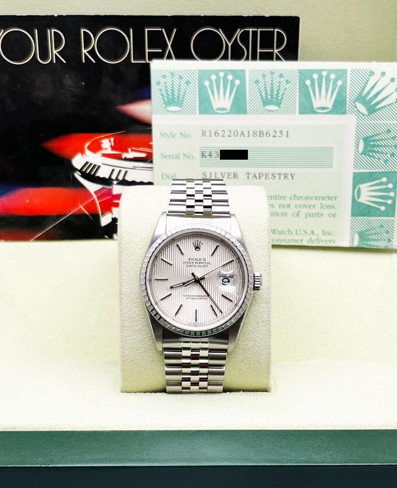 Rolex 16220 Datejust Silver Tapestry Dial Stainless Steel 2004 Box Paper For Sale 2