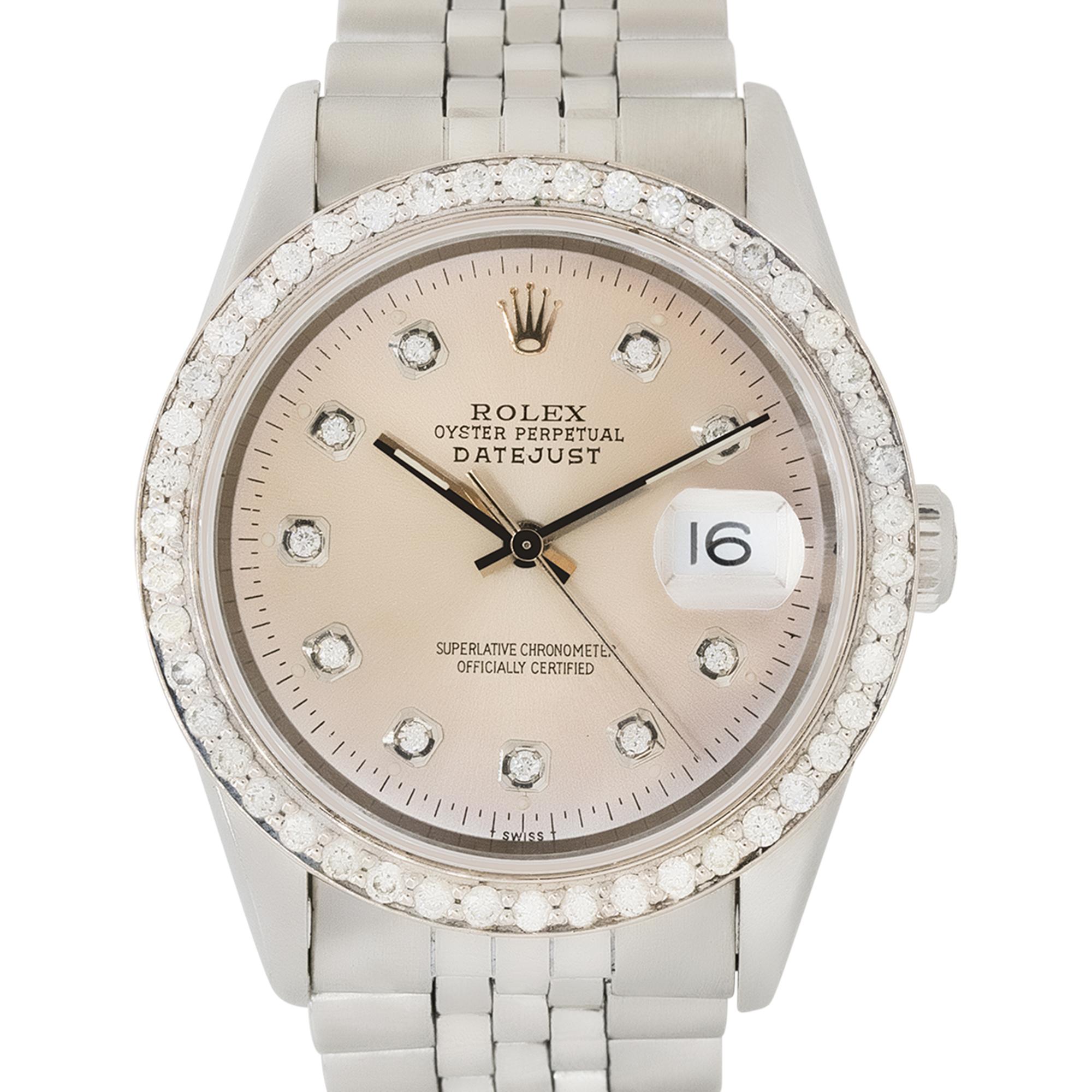 Brand: Rolex
MPN: 16220
Model: Datejust
Case Material: Stainless Steel
Case Diameter: 36mm
Crystal: Plastic
Bezel: Diamond Bezel
Dial: Silver hands and silver dial with Diamond hour markers. Date can be found at 3 o'clock
Bracelet: Stainless steel