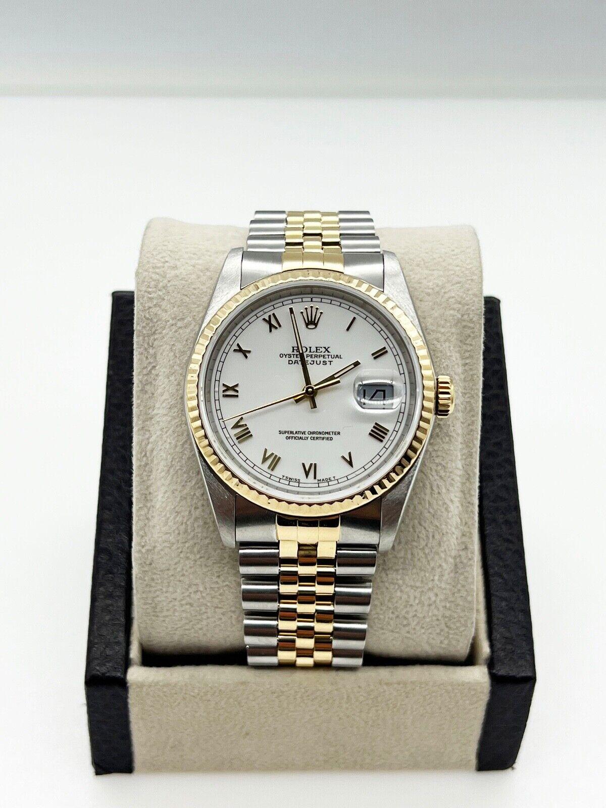 Rolex 16233 36mm Datejust Weiß Roman 18K Gelbgold Stahl Box Service Papier im Zustand „Hervorragend“ in San Diego, CA