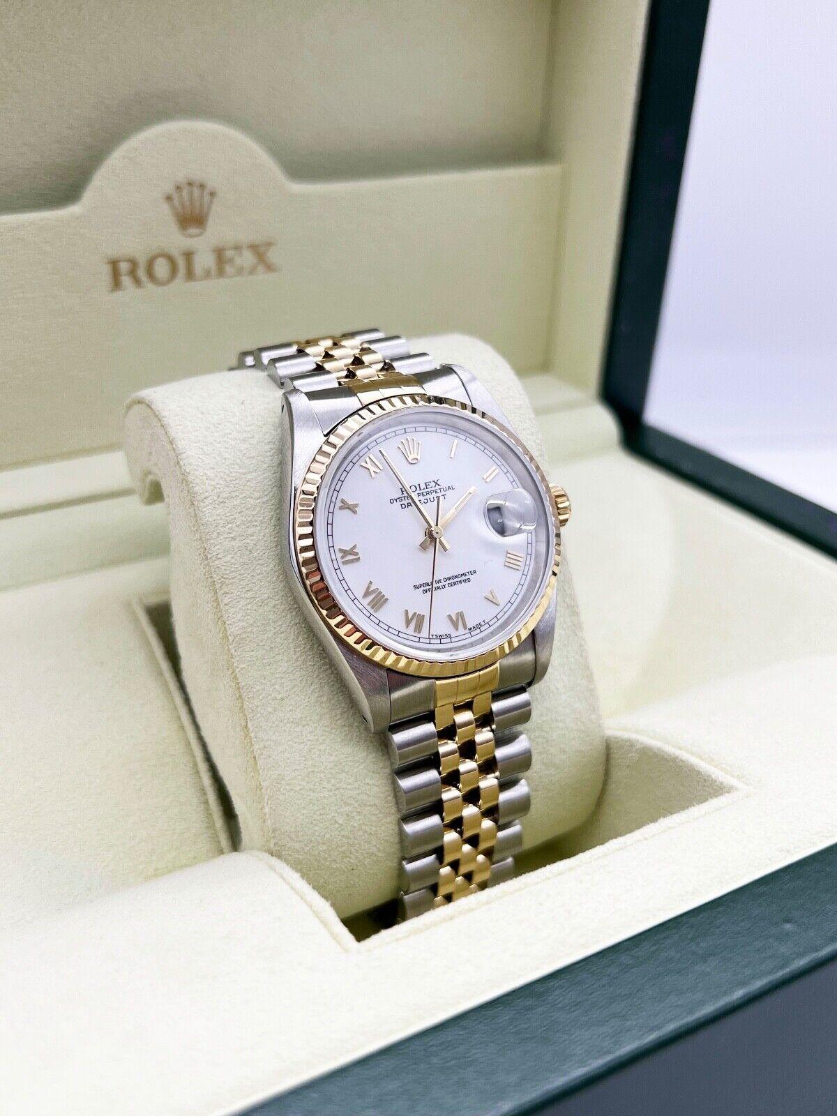 Rolex 16233 36mm Datejust Weiß Roman 18K Gelbgold Stahl Box Service Papier Herren