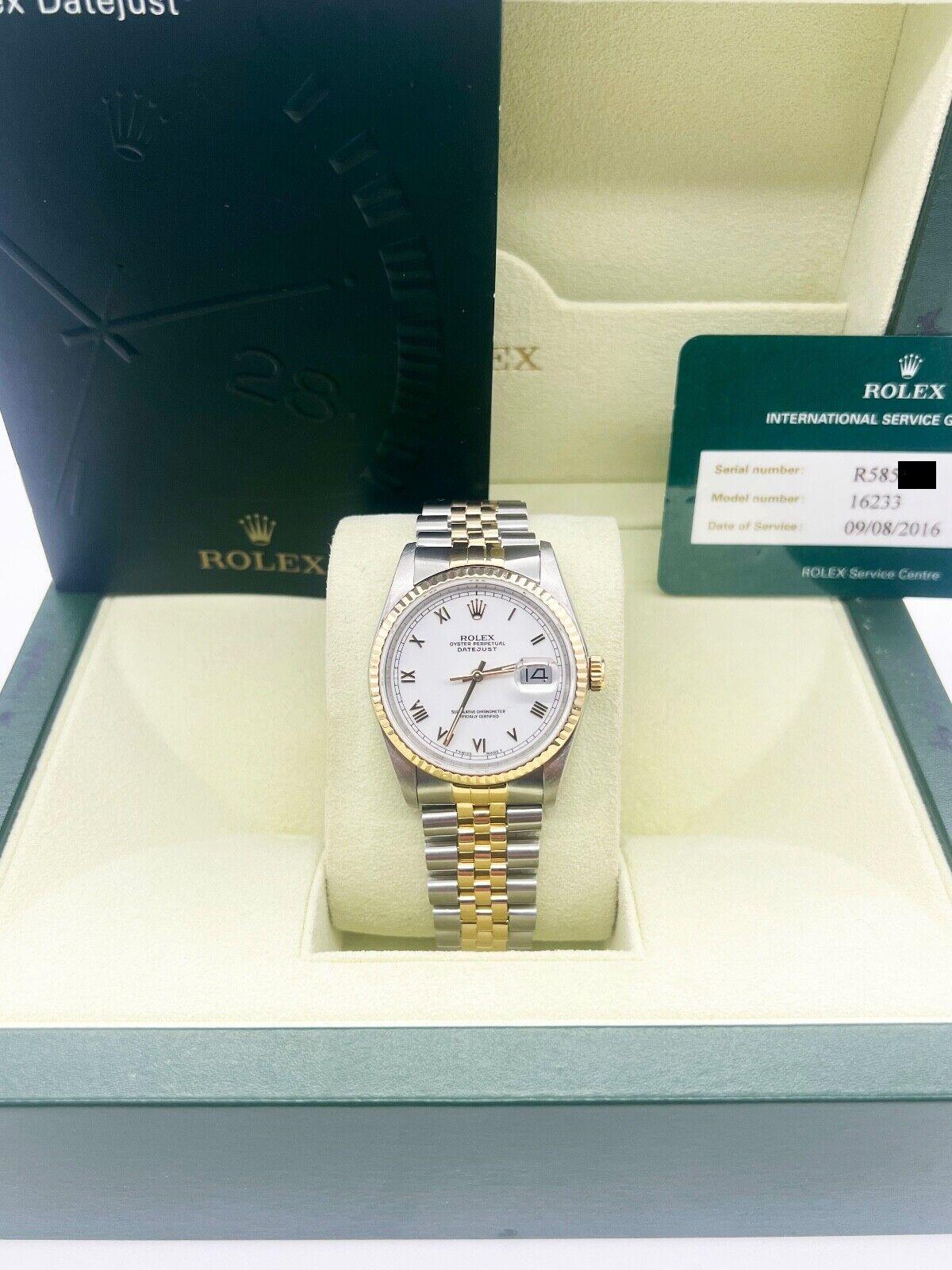 Rolex 16233 36mm Datejust Weiß Roman 18K Gelbgold Stahl Box Service Papier 1