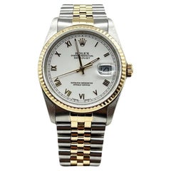 Rolex 16233 36mm Datejust Weiß Roman 18K Gelbgold Stahl Box Service Papier