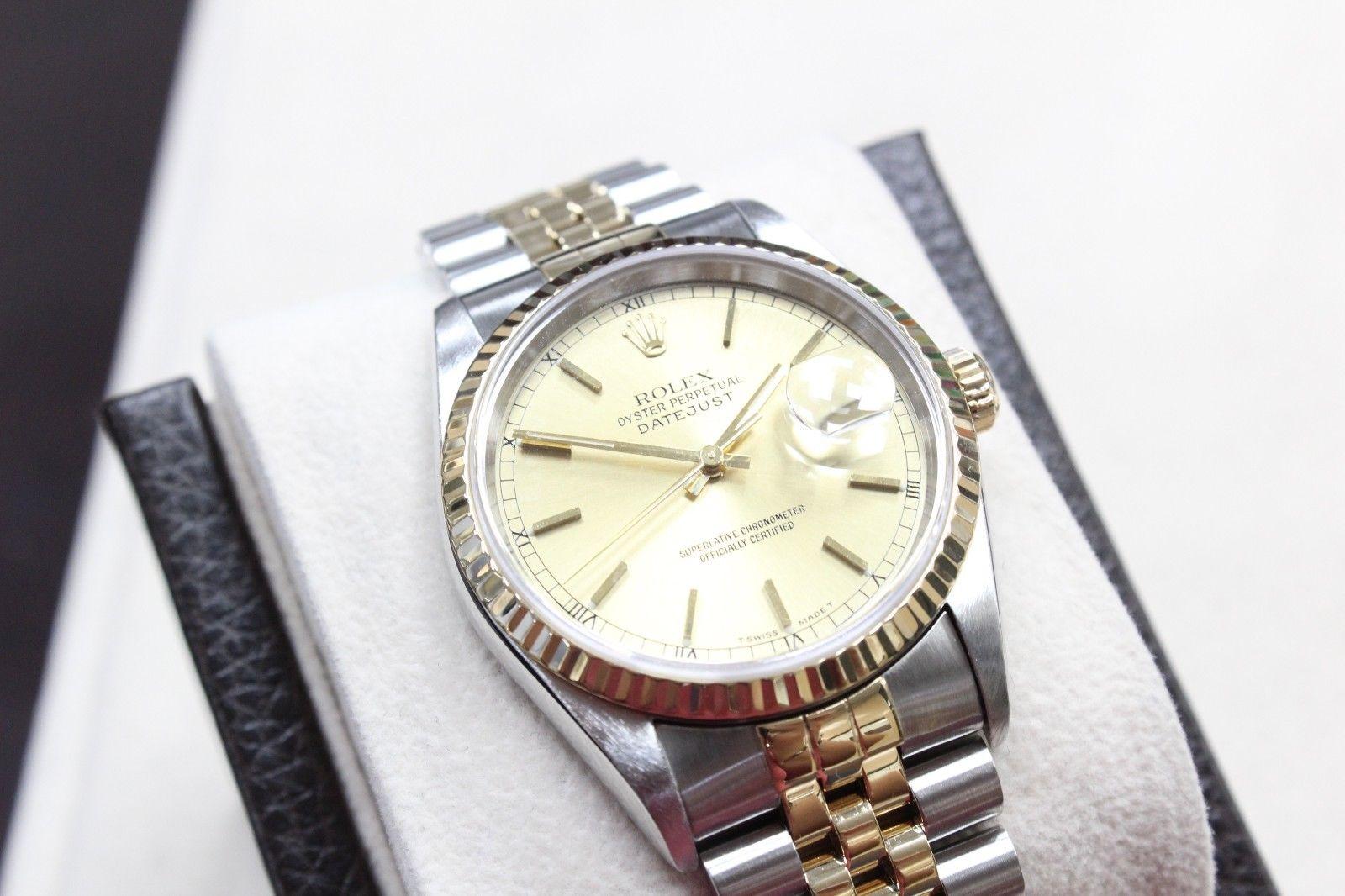 Style Number: 16233 

Serial: U808***

Model: Datejust

Case Material: Stainless Steel

Band: 18K Yellow Gold & Stainless Steel

Bezel: 18K Yellow Gold

Dial: Champagne

Face: Sapphire Crystal

Case Size: 36mm

Includes: 

-Elegant Watch