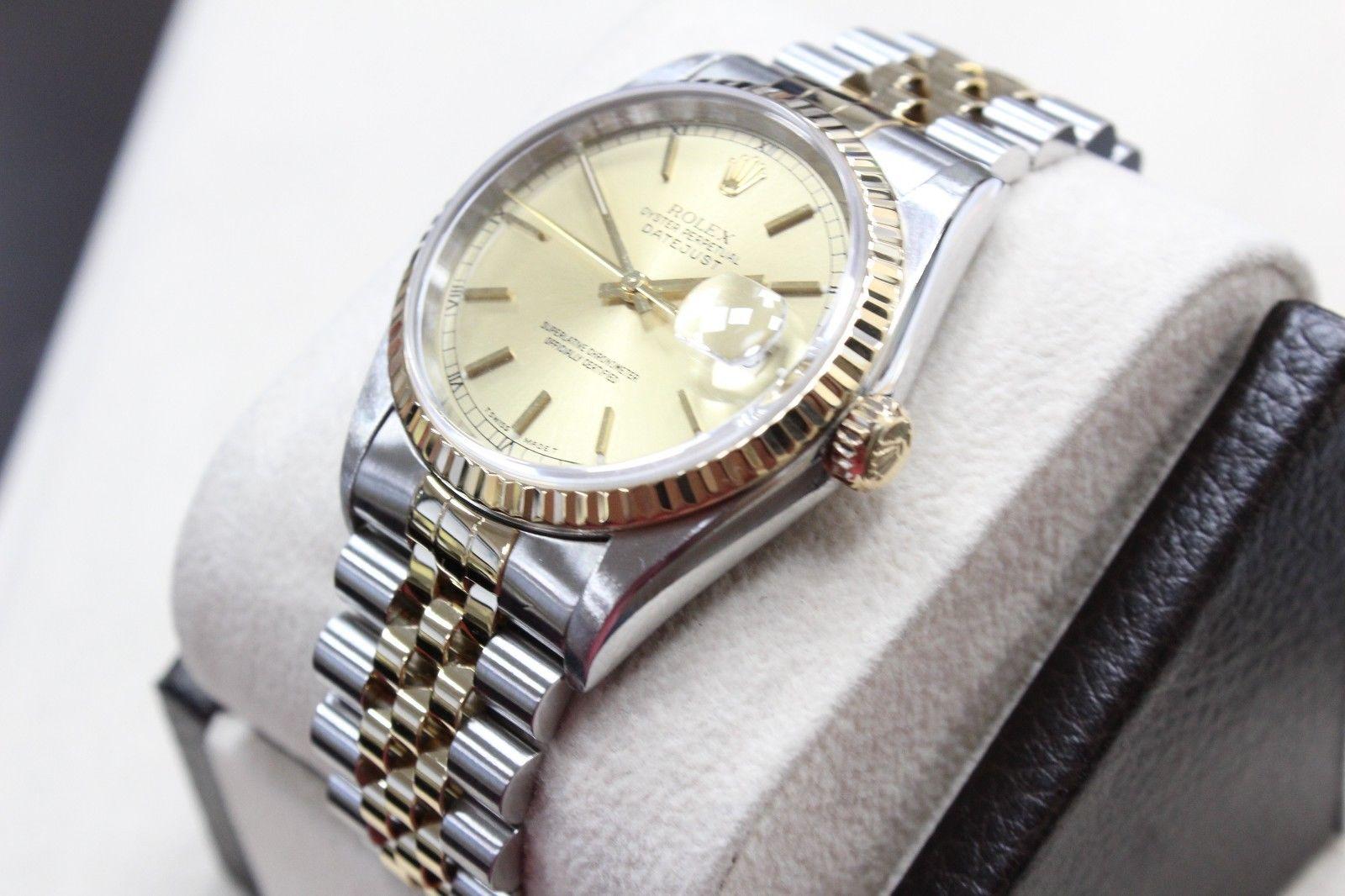 Rolex 16233 Datejust 18 Karat Gold and Steel Champagne Dial Tight Band No Holes In Excellent Condition In San Diego, CA