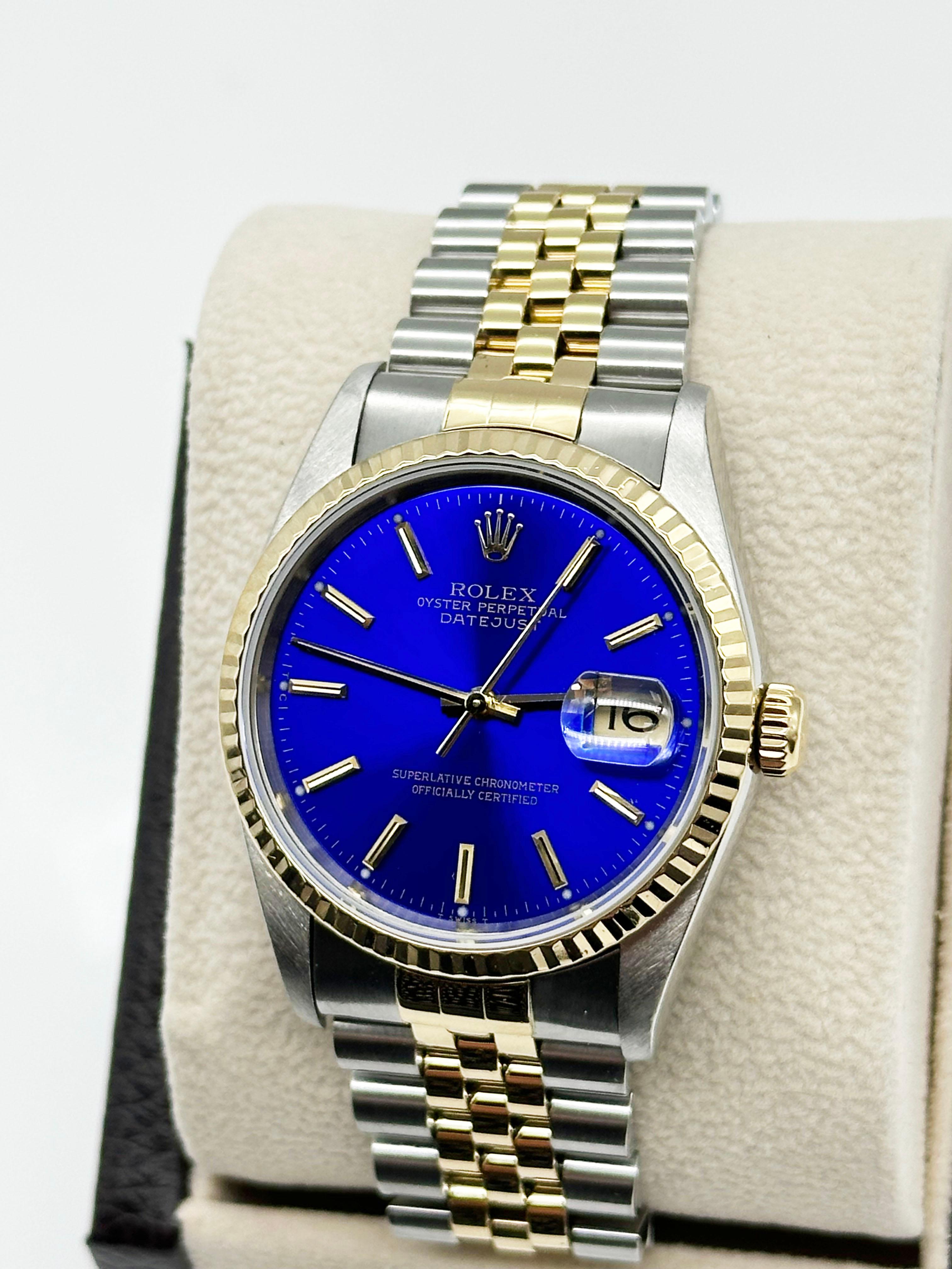 Rolex 16233 Datejust 36mm Blaues Zifferblatt 18K Gelbgold Edelstahl im Zustand „Hervorragend“ in San Diego, CA