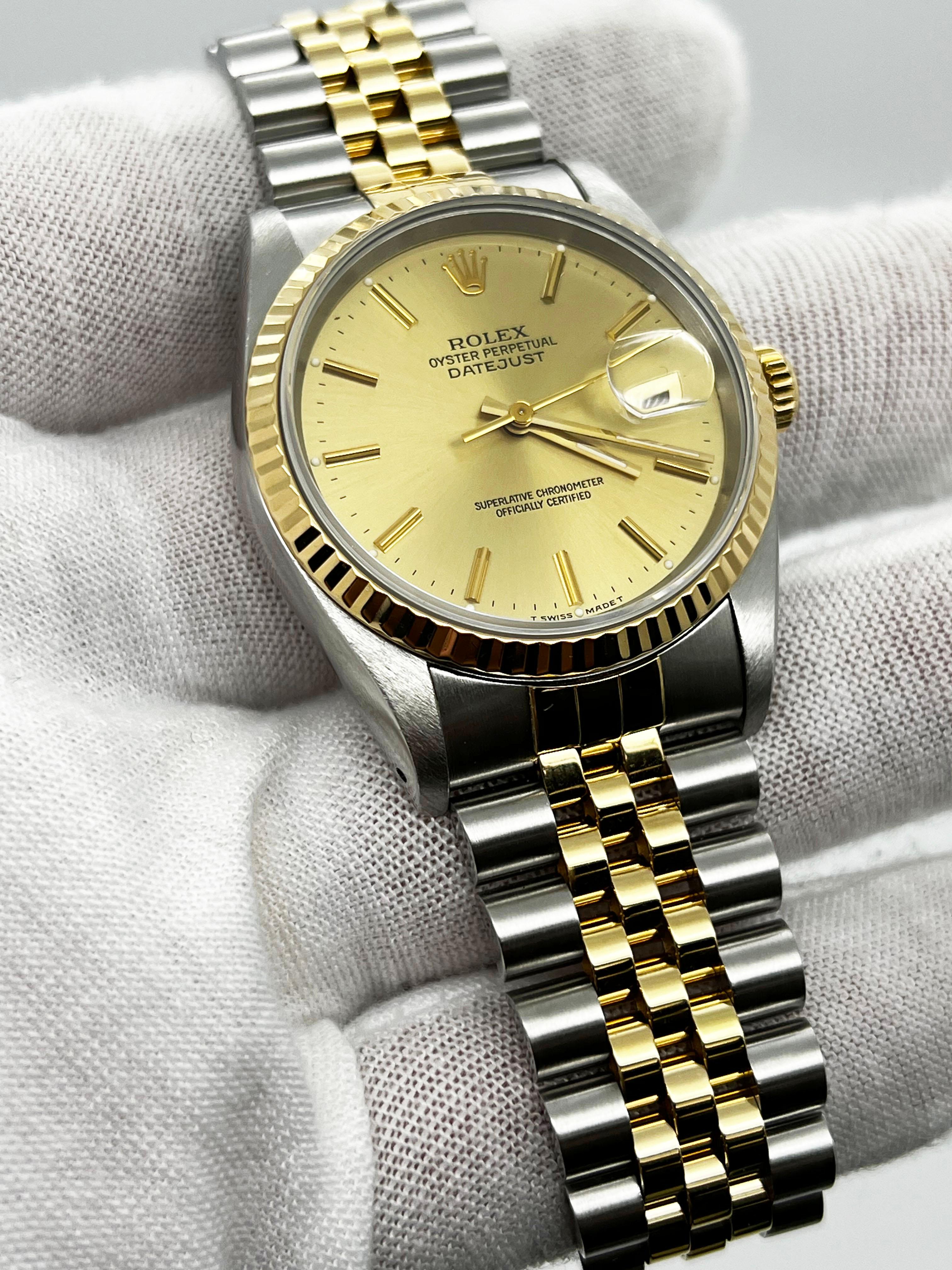 Rolex 16233 Datejust 36mm Champagner-Zifferblatt 18K Gelbgold Edelstahl Edelstahl-Kastenpapier Herren