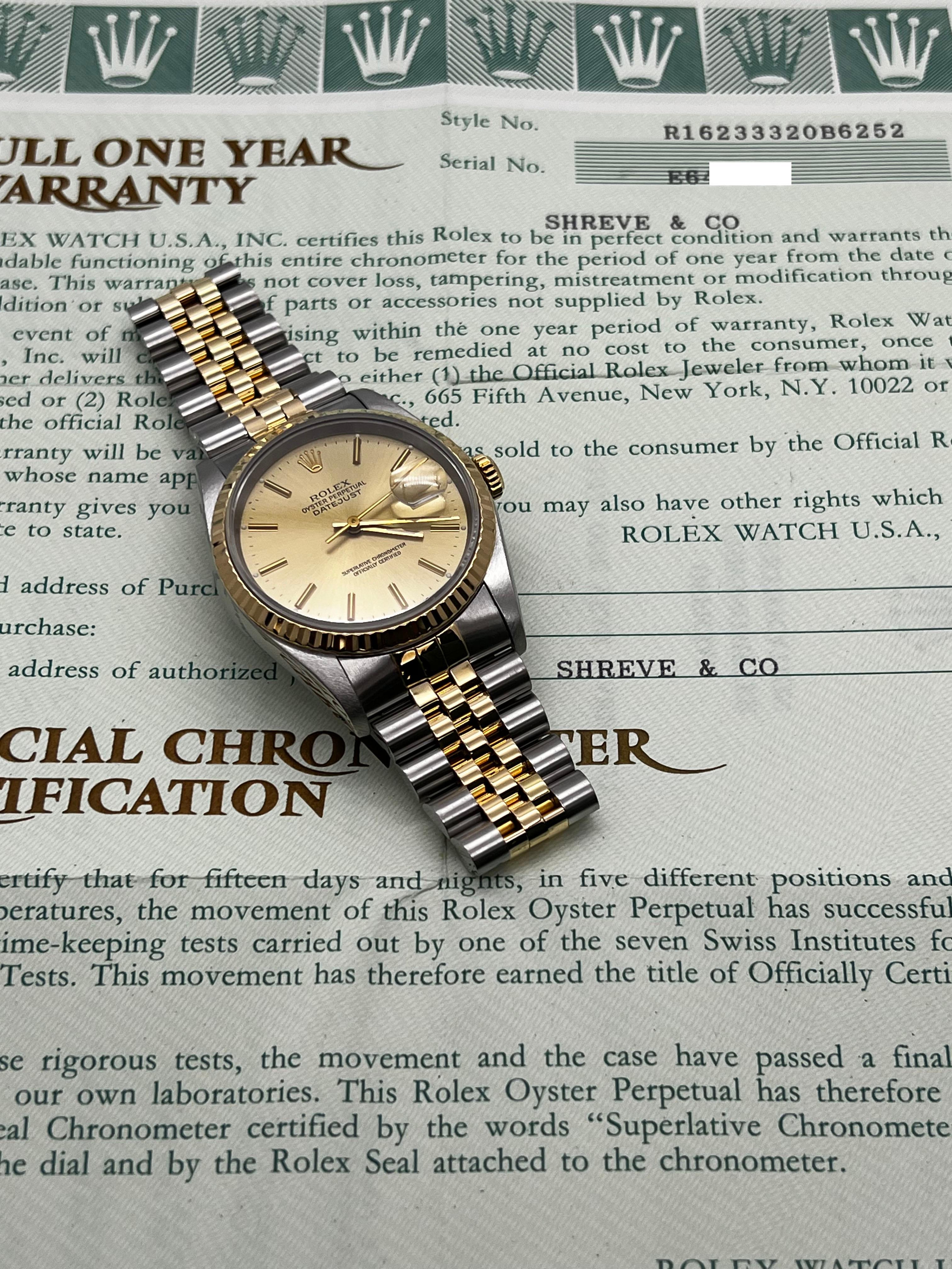 Rolex 16233 Datejust 36mm Champagner-Zifferblatt 18K Gelbgold Edelstahl Edelstahl-Kastenpapier 5