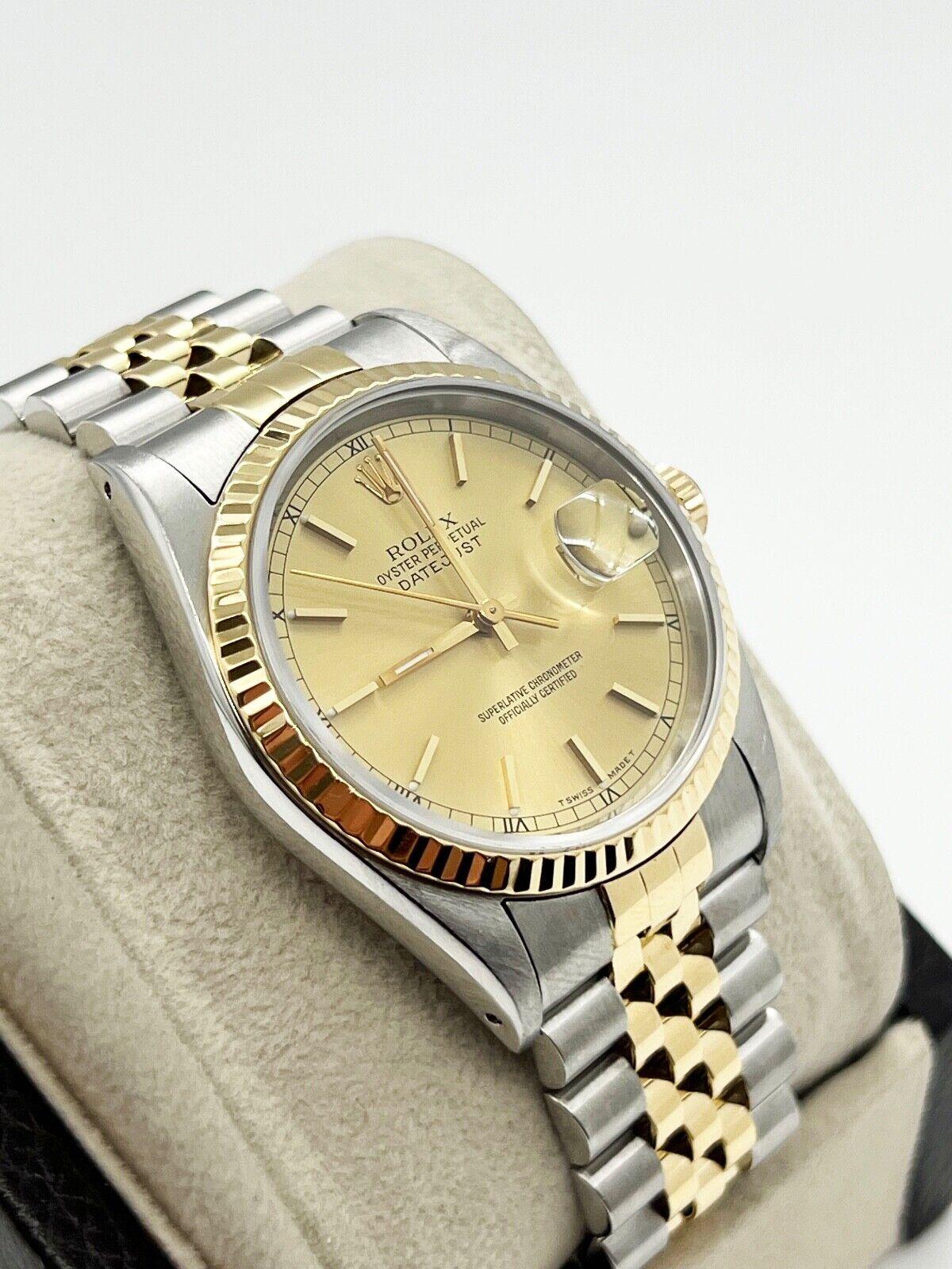 Style Number: 16233



Serial: X402***



Year: 1991

 

Model: Datejust 

 

Case Material: Stainless Steel 

 

Band: Stainless Steel & 18K Yellow Gold 

 

Bezel: 18K Yellow Gold 

 

Dial: Champagne 

 

Face: Sapphire Crystal 

 

Case Size: