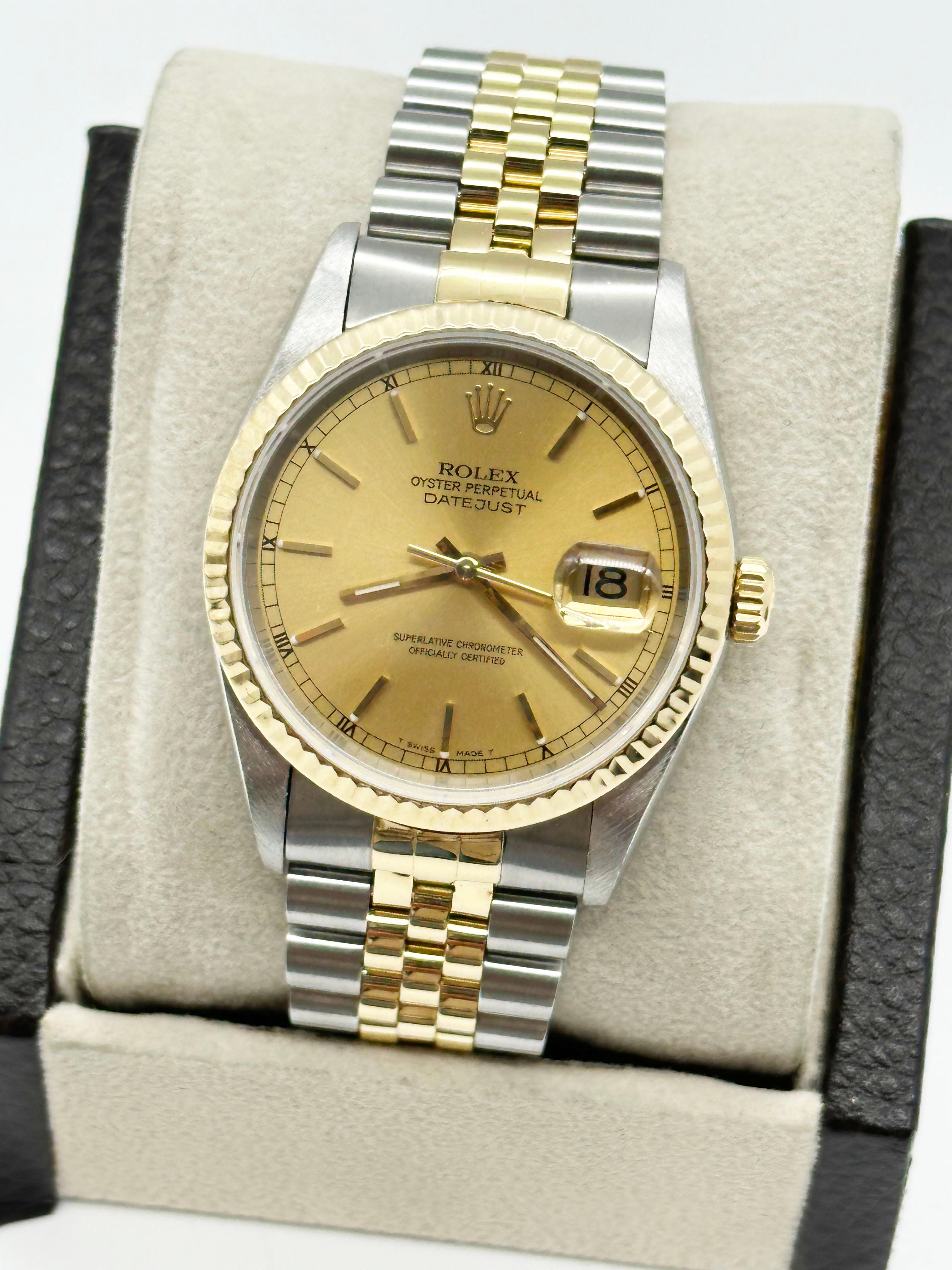 Rolex 16233 Montre Datejust 36 mm avec cadran champagne en or jaune 18 carats et acier inoxydable Excellent état à San Diego, CA