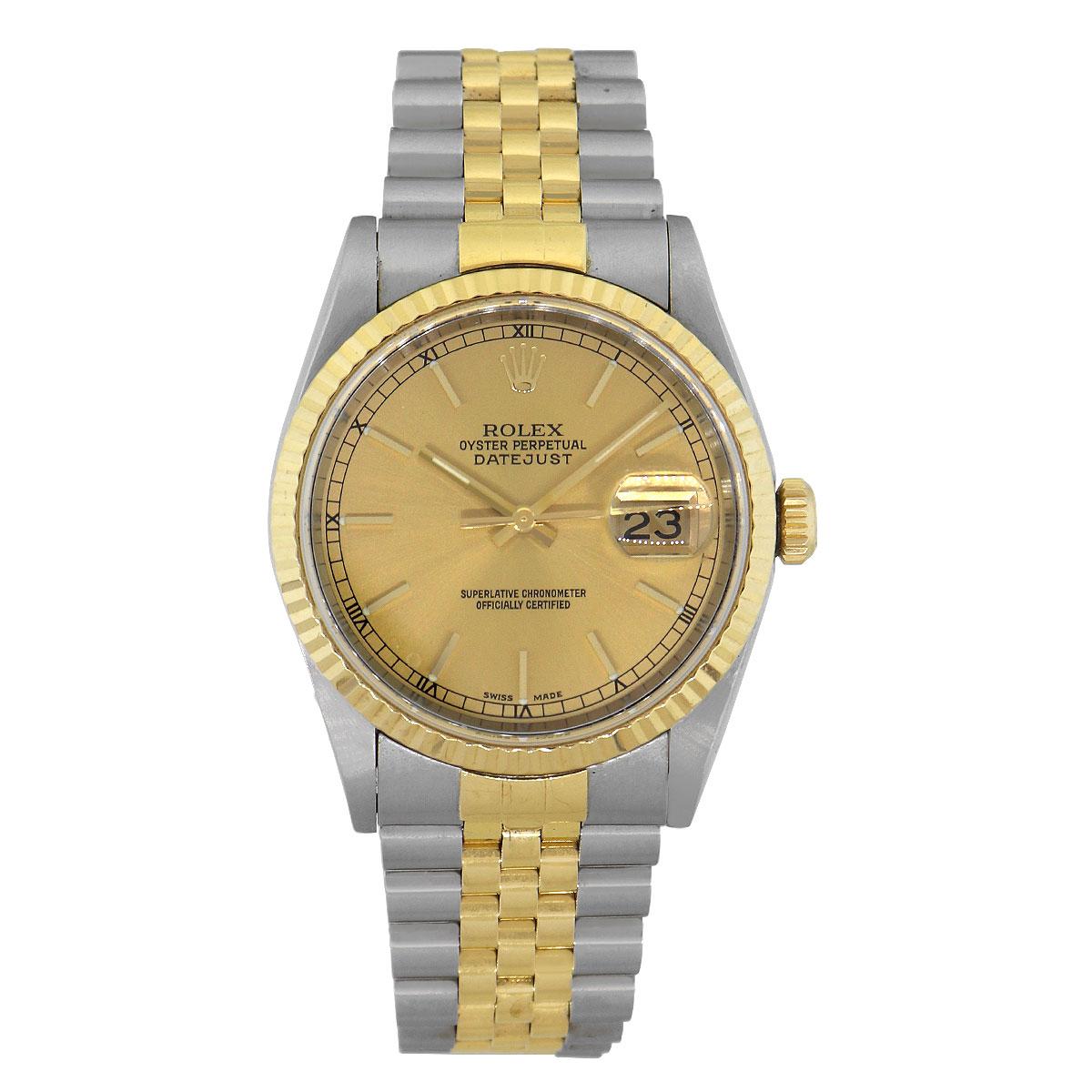 Brand: Rolex
MPN: 16233
Model: Datejust
Case Material: Stainless Steel
Case Diameter: 36mm
Crystal: Scratch resistant sapphire
Bezel: 18k Yellow Gold fluted bezel
Dial: Champagne dial with yellow gold stick hours and hands. Date can be found at 3