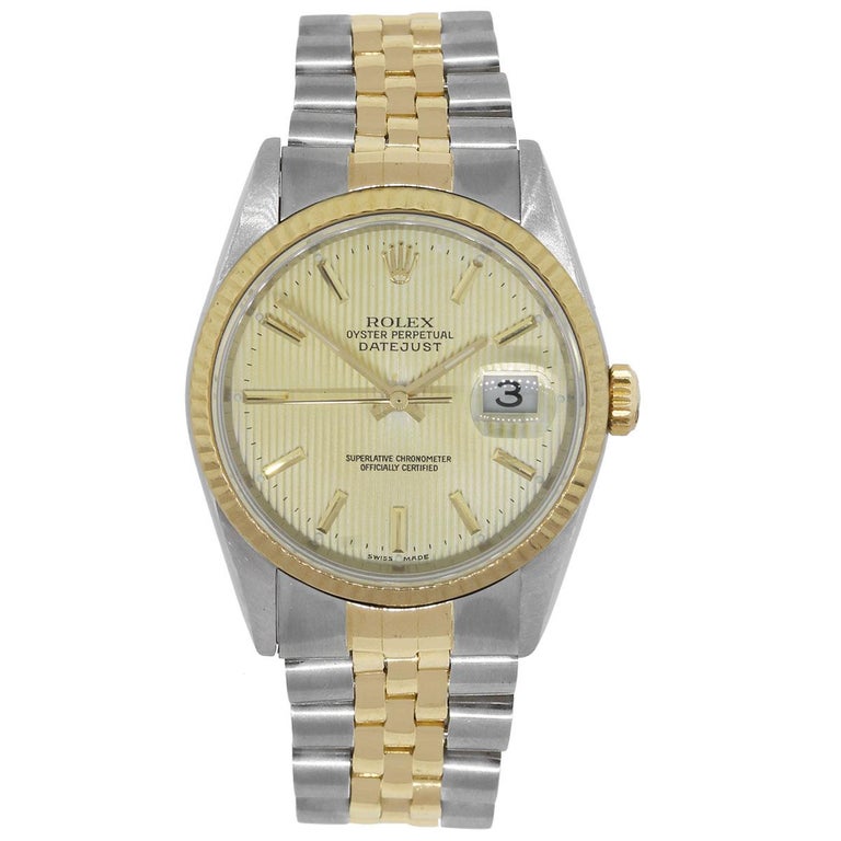 Rolex 16233 Datejust Gold Tapestry Dial Watch at 1stDibs