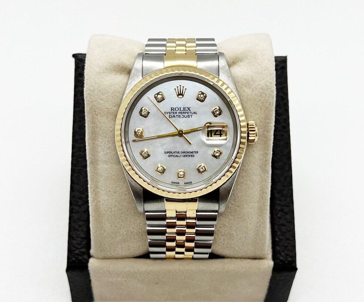 
Style Number: 16233



Serial: E773***



Year: 1990

 

Model: Datejust 

 

Case Material: Stainless Steel 

 

Band: 18K Yellow Gold & Stainless Steel 

 

Bezel: 18K Yellow Gold 

 

Dial: Refinished White Mother of Pearl Diamond Dial 

