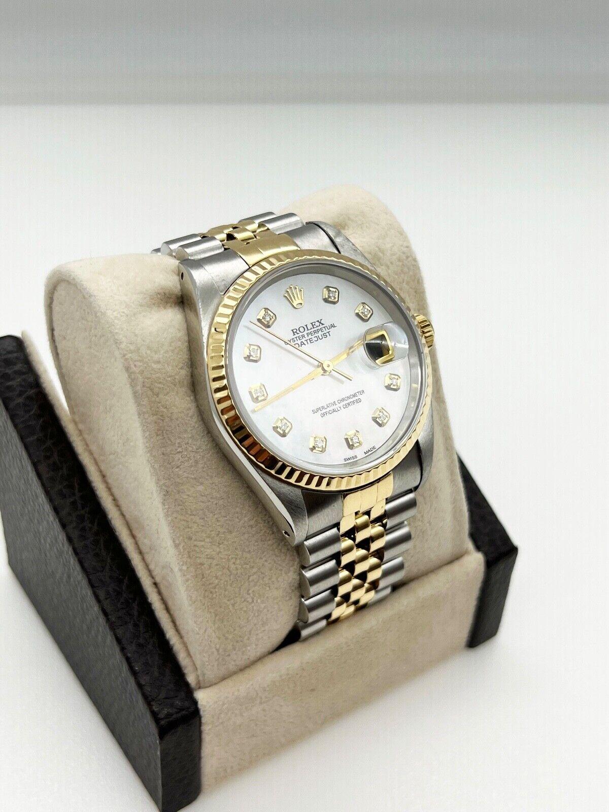 Rolex 16233 Datejust Mother of Pearl Diamond Dial 18K Yellow Gold Stainless In Excellent Condition For Sale In San Diego, CA