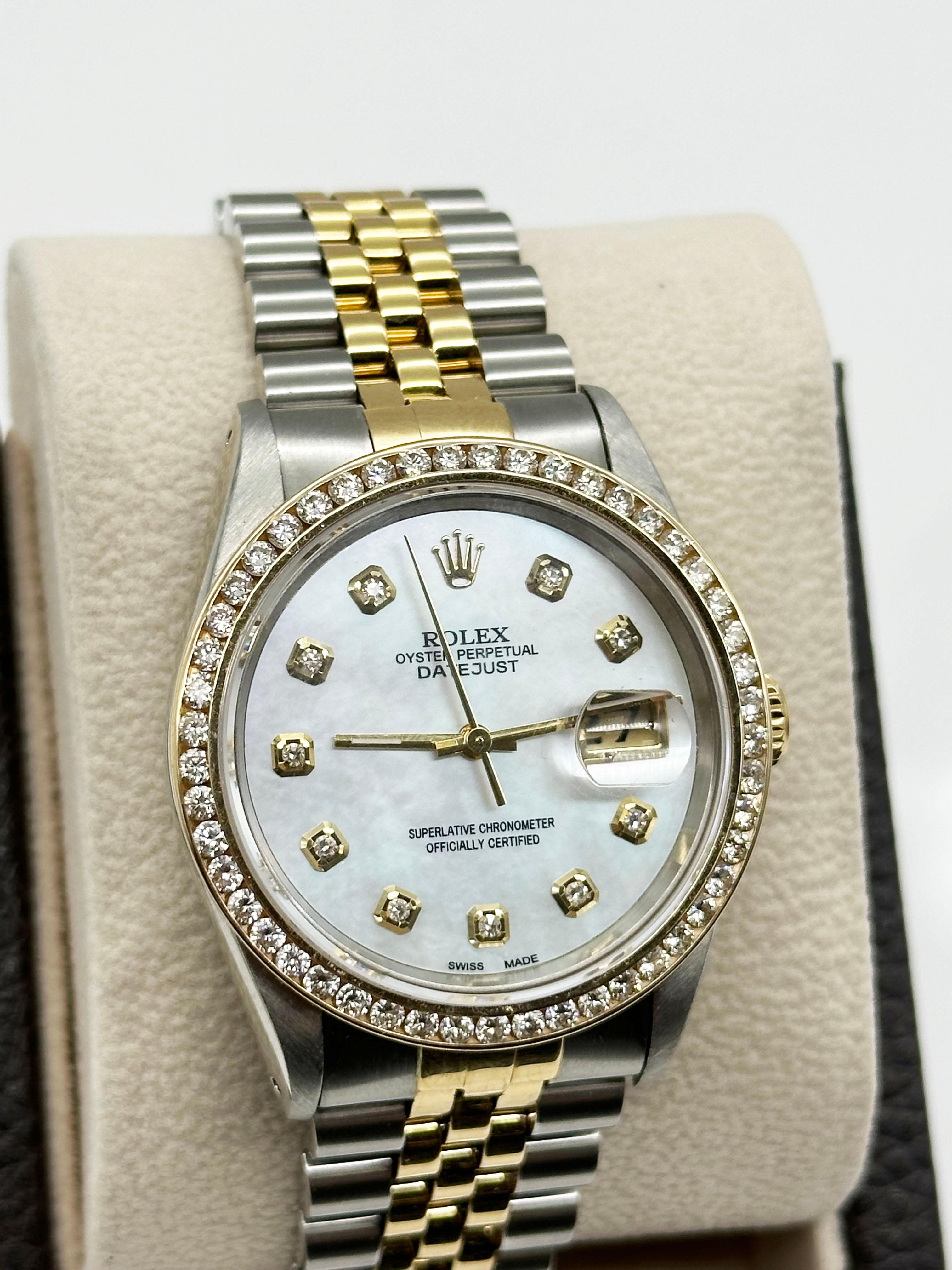 Rolex 16233 Datejust Mother of Pearl Diamond Dial 18K Yellow Gold Stainless In Excellent Condition In San Diego, CA