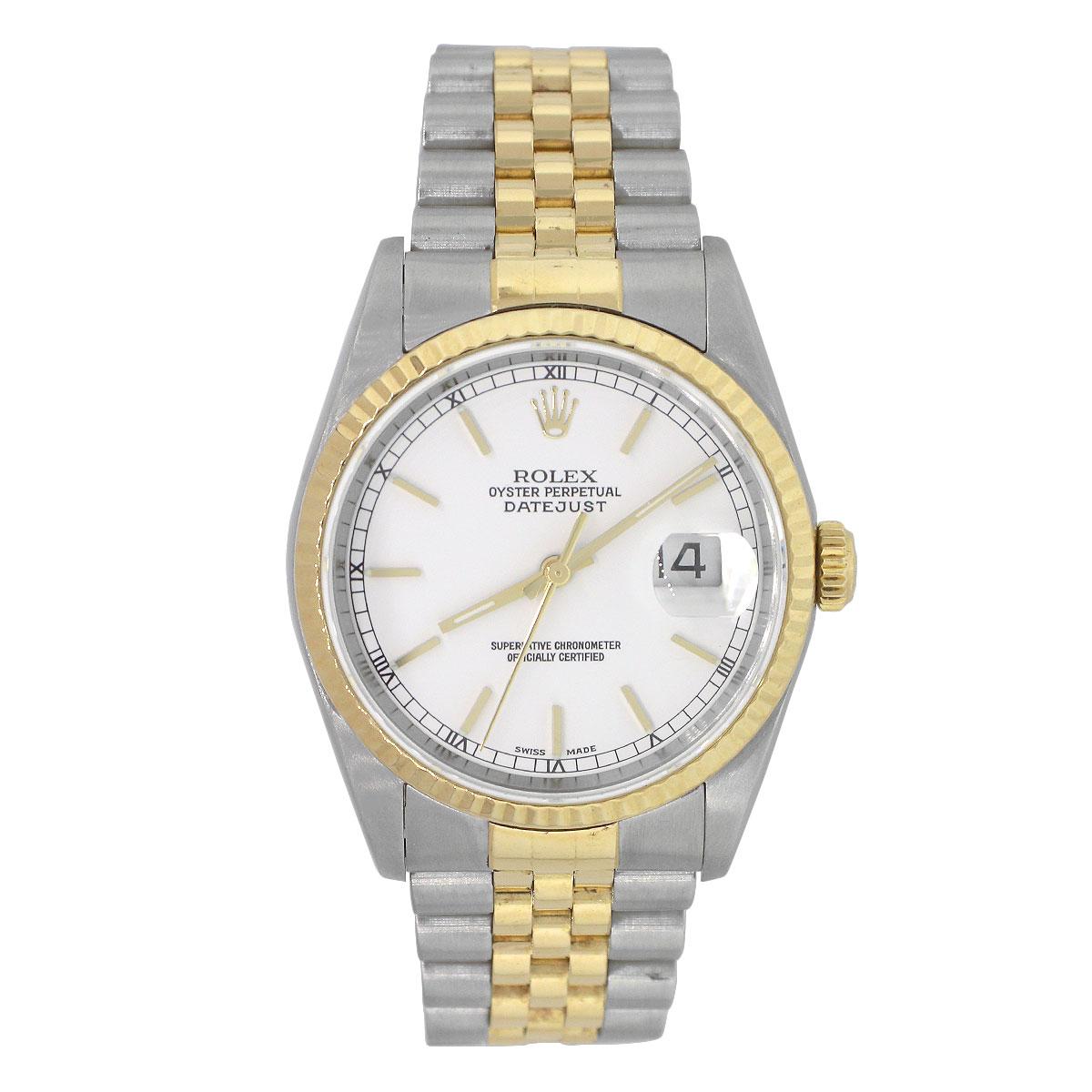 Brand: Rolex
MPN: 16233
Model: Datejust
Case Material: Stainless steel with no holes
Case Diameter: 36mm
Crystal: Sapphire Crystal
Bezel: 18k yellow gold fluted bezel
Dial: White Dial with yellow gold hands and stick markers. Date can be found at 3