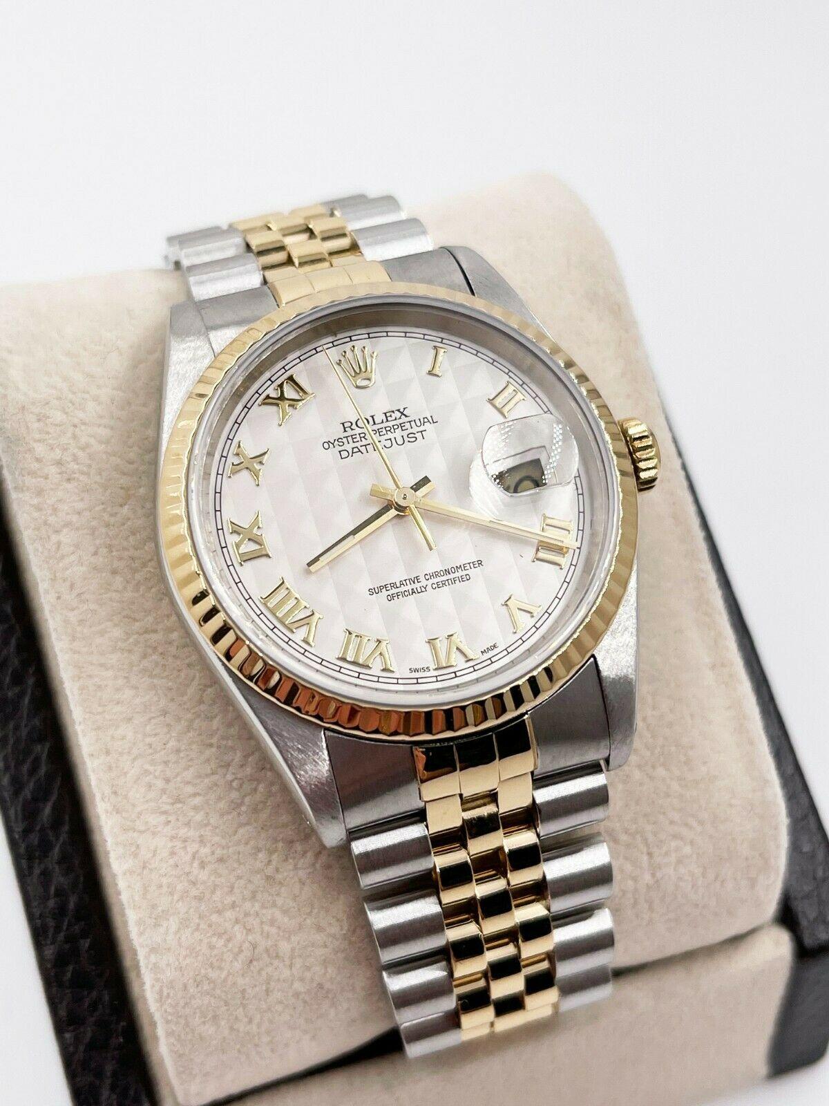 Rolex 16233 White Pyramid Dial 18 Karat Yellow Gold Stainless Steel with Box 3