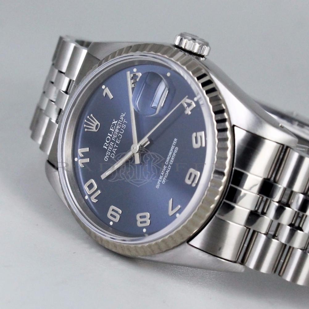 Contemporary Rolex 16234 Datejust S-Serial Blue Arabic Dial 18k White Gold & Steel Automatic For Sale