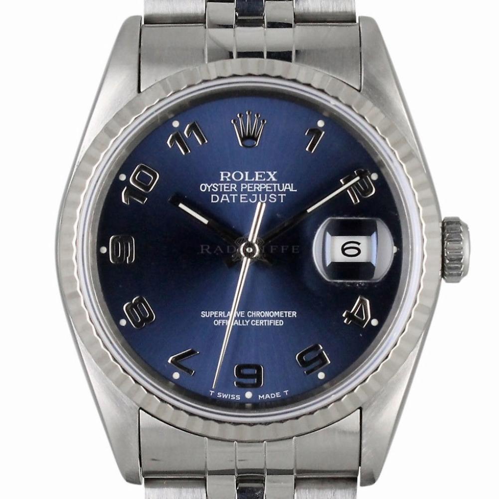 Women's Rolex 16234 Datejust S-Serial Blue Arabic Dial 18k White Gold & Steel Automatic For Sale