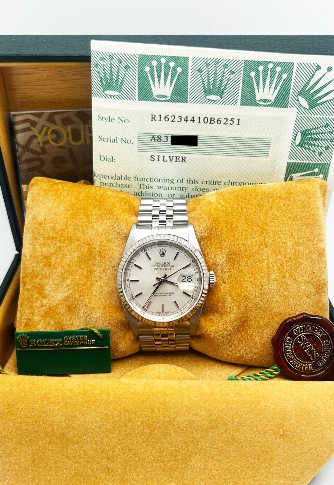 Women's or Men's Rolex 16234 Datejust Silver Dial Stainless Steel Box Paper