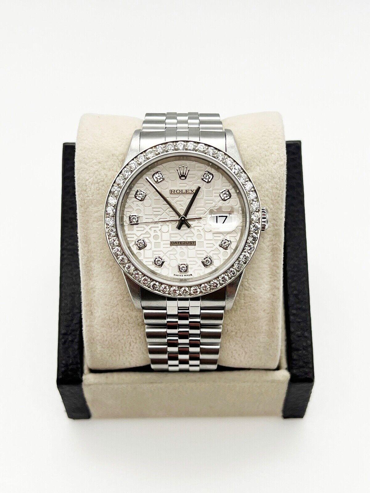 Style Number: 16234

Serial: K933***

Year: 2001
 
Model: Datejust
 
Case Material: Stainless Steel 
 
Band: Stainless Steel
  
Bezel: Custom Diamond Bezel
 
Dial: Custom Diamond Jubilee Dial
 
Face: Sapphire Crystal
 
Case Size: 36mm
 
Includes: