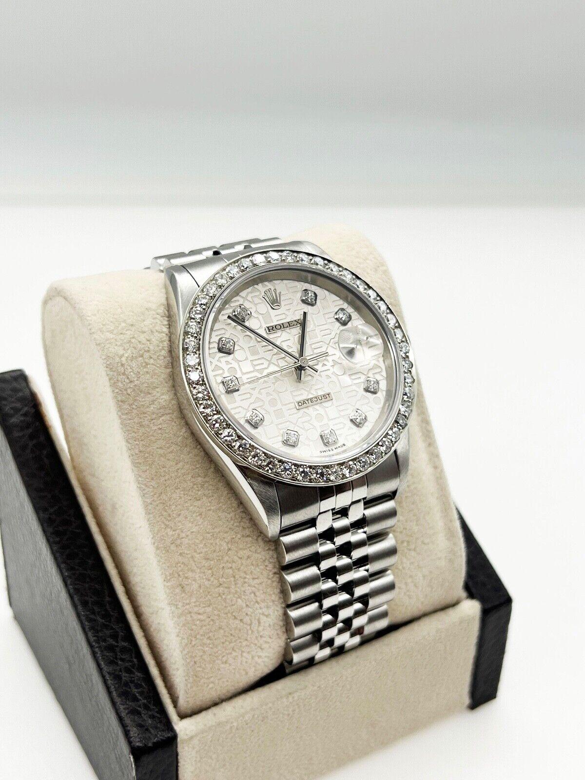 Rolex 16234 Datejust Silver Diamond Jubilee Dial Diamond Bezel Steel 2001 In Excellent Condition For Sale In San Diego, CA