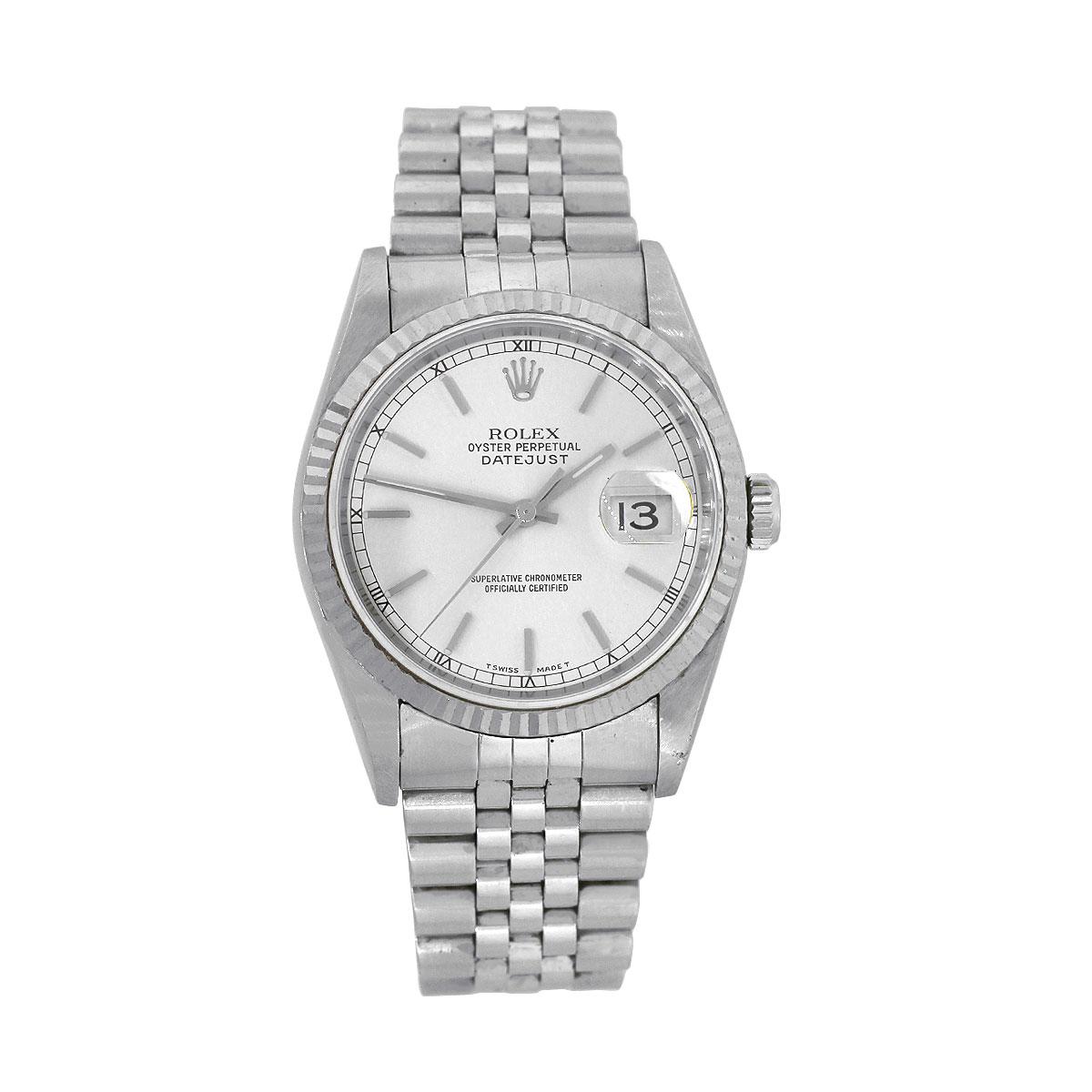 Brand: Rolex
MPN: 16234
Serial: “U” serial
Model: datejust
Case Material: Stainless steel
Case Diameter: 36mm
Crystal: Scratch resistant sapphire
Bezel: Stainless steel fluted bezel
Dial: Silver stick dial with date window at the 3 o’clock
