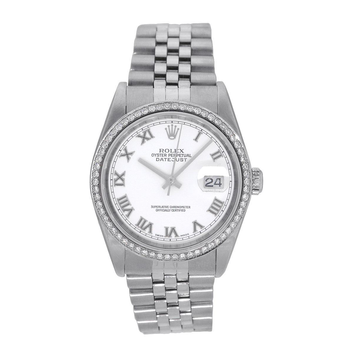 Brand: Rolex
MPN: 16234
Model: Datejust
Case Material: Stainless Steel
Case Diameter: 36mm
Crystal: Sapphire Crystal
Bezel: Aftermarket Diamond bezel
Dial: White dial with silver stick hands and silver roman numerals. Date can be found at 3
