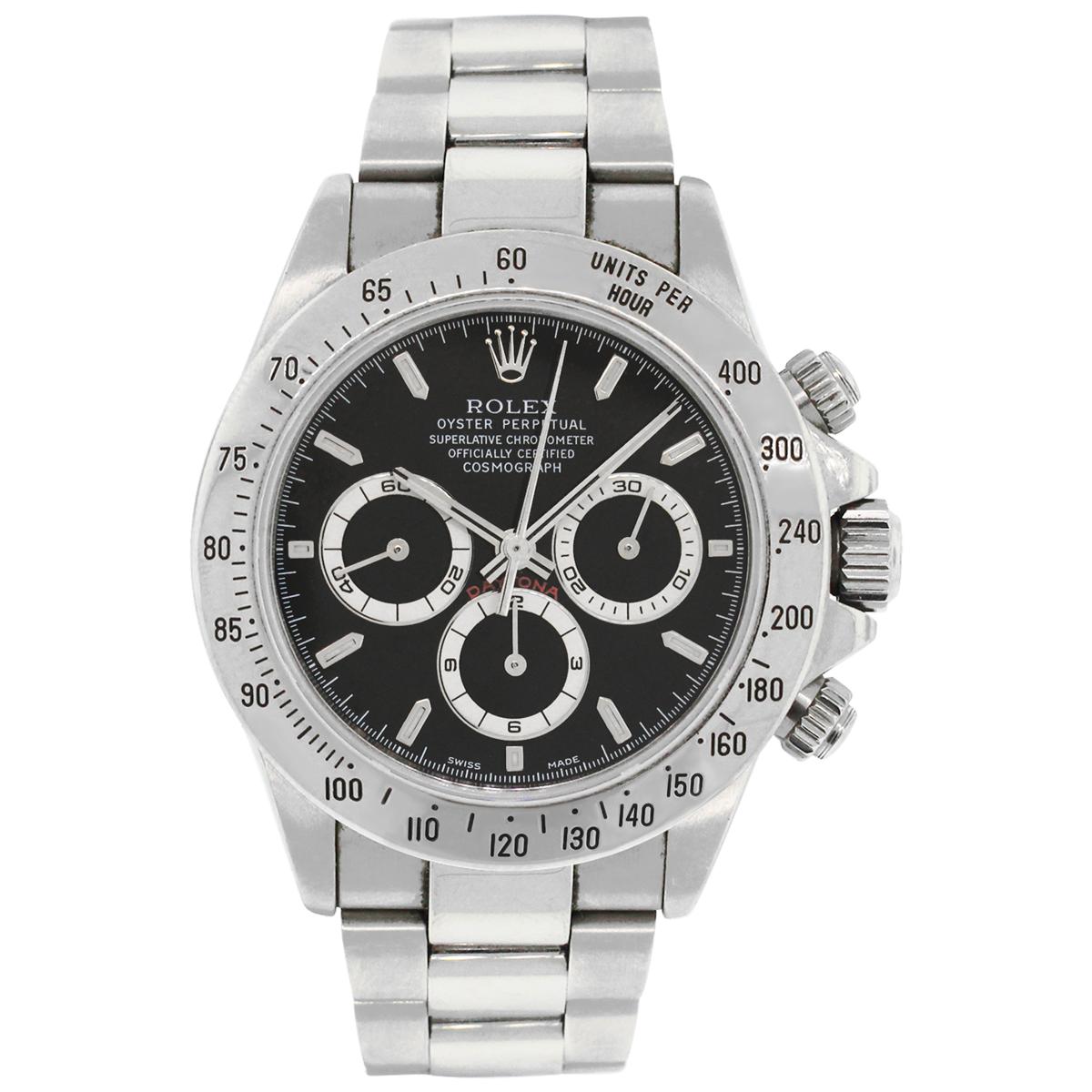 Brand: Rolex
MPN: 16520
Model: Zenith Daytona
Case Material: Stainless Steel
Case Diameter: 40mm
Crystal: Scratch resistant sapphire
Bezel: Stainless steel
Dial: Black chronograph dial with silver hour markers and hands
Bracelet: Stainless steel