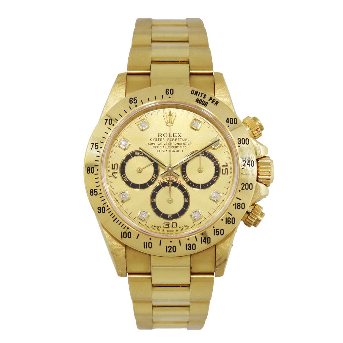 Brand: Rolex
MPN: 16528
Model: Daytona
Case Material: 18k yellow gold
Case Diameter: 40mm
Crystal: Sapphire crystal (scratch resistant)
Bezel: 18k yellow gold bezel
Dial: Champagne diamond serti dial
Bracelet: 18k yellow gold oyster band
Size: Will