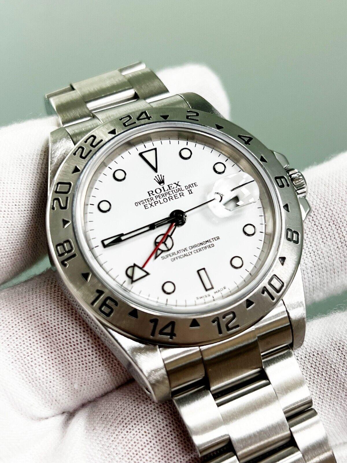 Style Number: 16570

Serial:Stainless Steel

Year: 2003
 
Model: Explorer II
 
Case Material: Stainless Steel
 
Band: Stainless Steel
 
Bezel: Stainless Steel
 
Dial: White
 
Face: Sapphire Crystal 
 
Case Size: 40mm 
 
Includes: 
-Rolex Box &