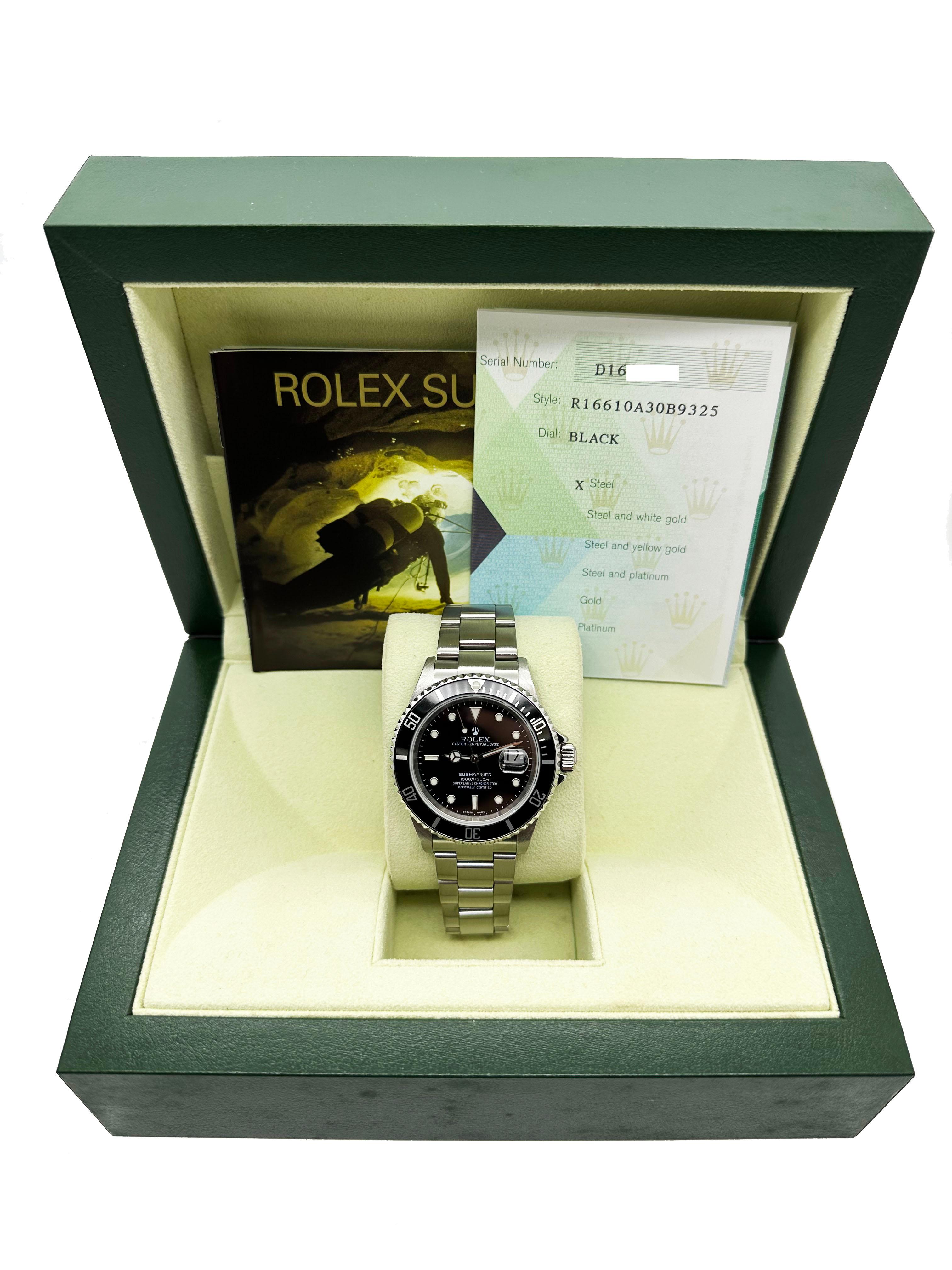 Numero di stile: 16610 



Seriale: D162***



Anno: 2005

 

Model: Submariner 

 

Materiale della cassa: Acciaio inossidabile 

 

Fascia: Acciaio inossidabile 

 

Lunetta: nera

 

Quadrante: nero

 

Volto: Cristallo di zaffiro 

 

Dimensioni