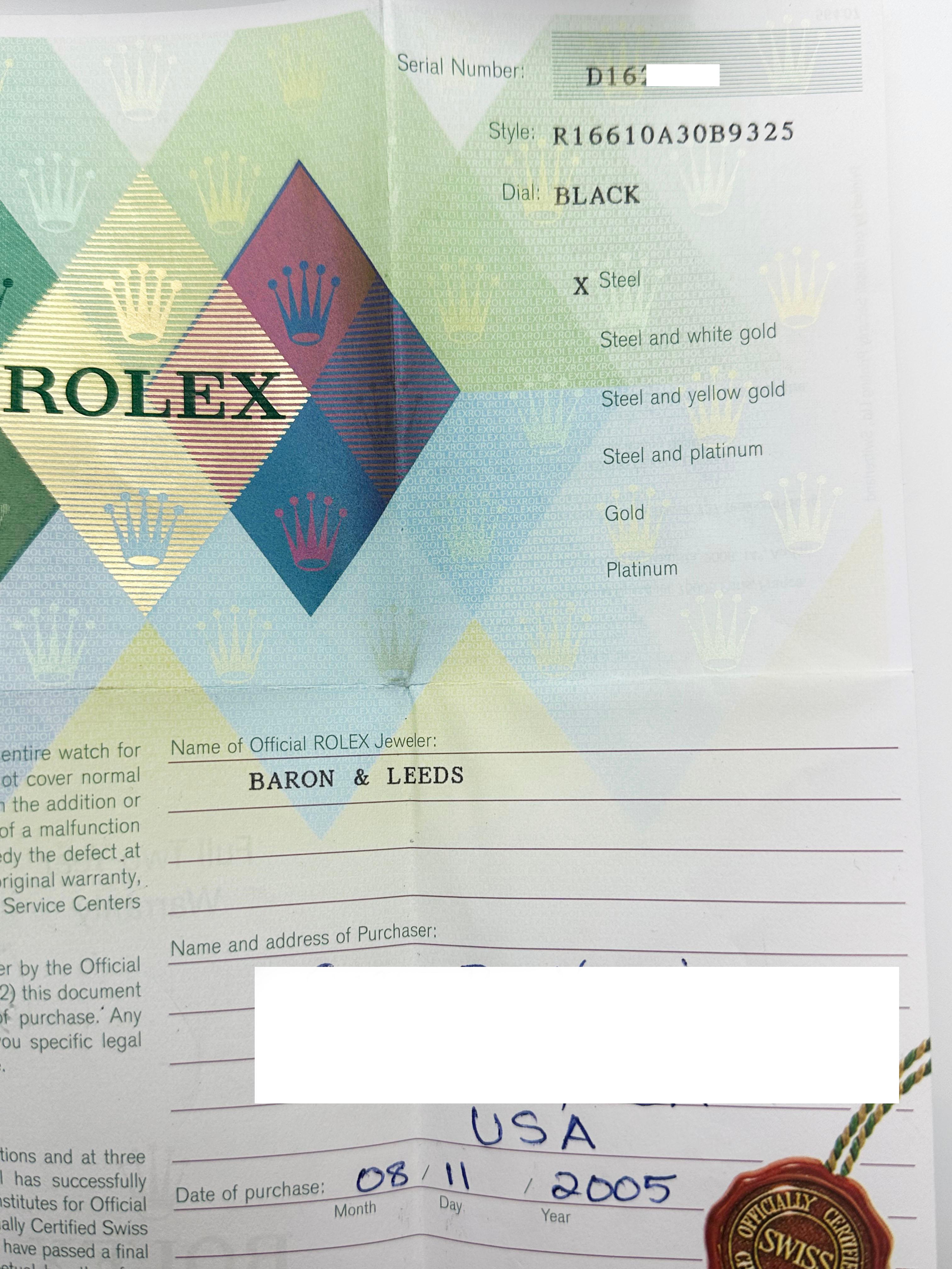 Uomo Rolex 16610 Submariner Date Quadrante Nero Acciaio Inox 2005 Carta Scatola