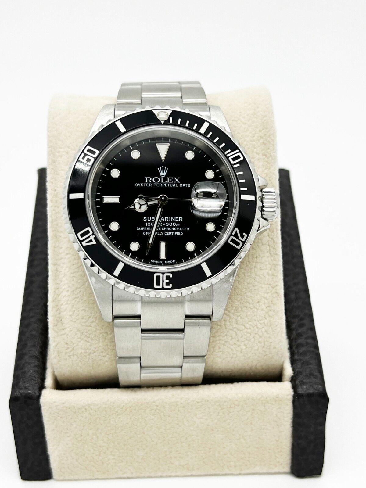 Style Number: 16610

Serial: Y863***

Year: 2003
 
Model: Submariner
 
Case Material: Stainless Steel
 
Band: Stainless Steel
 
Bezel: Black
 
Dial: Black
 
Face: Sapphire Crystal
 
Case Size: 40mm
 
Includes: 
-Rolex Box & Papers
-Certified