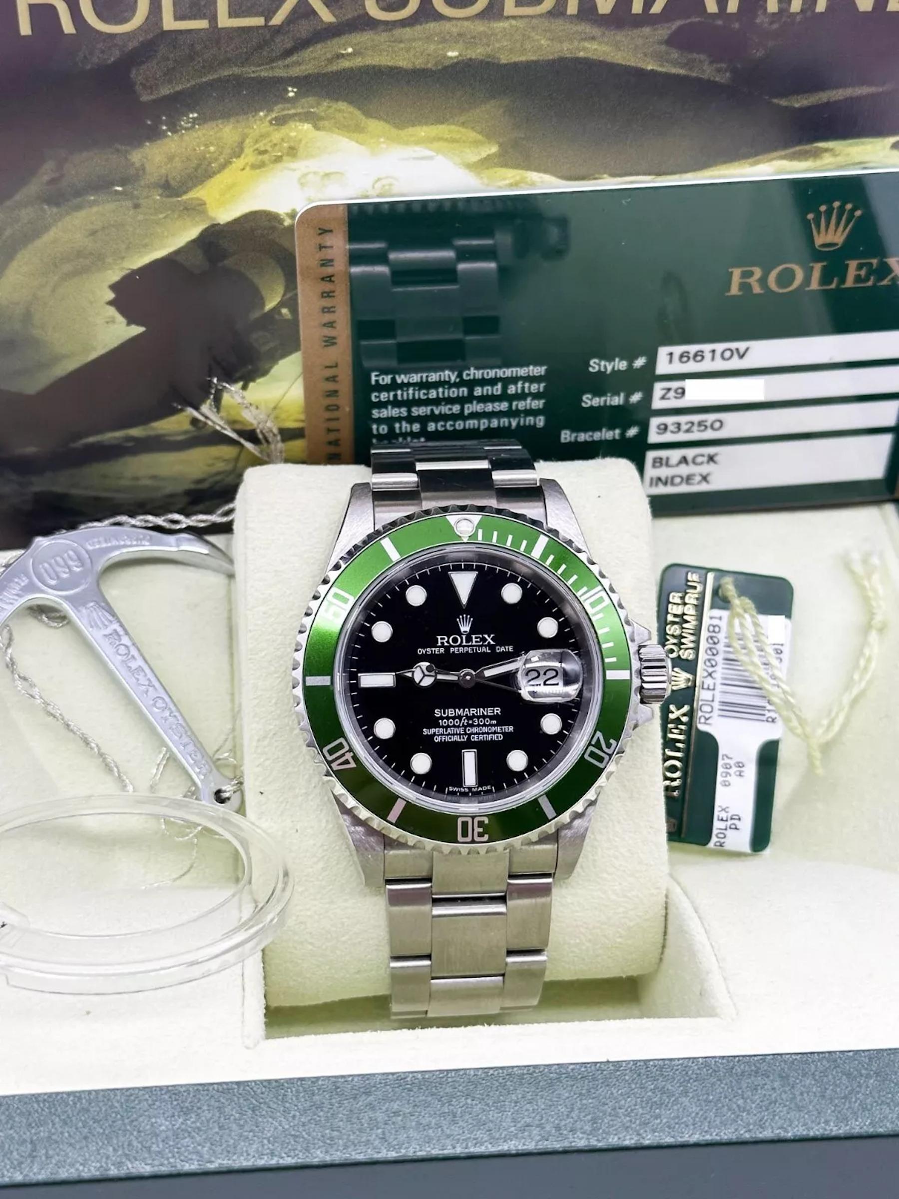 Rolex Kermit Submariner 16610V Ghiera Verde Quadrante Nero Scatola Inox 2007 in vendita 6