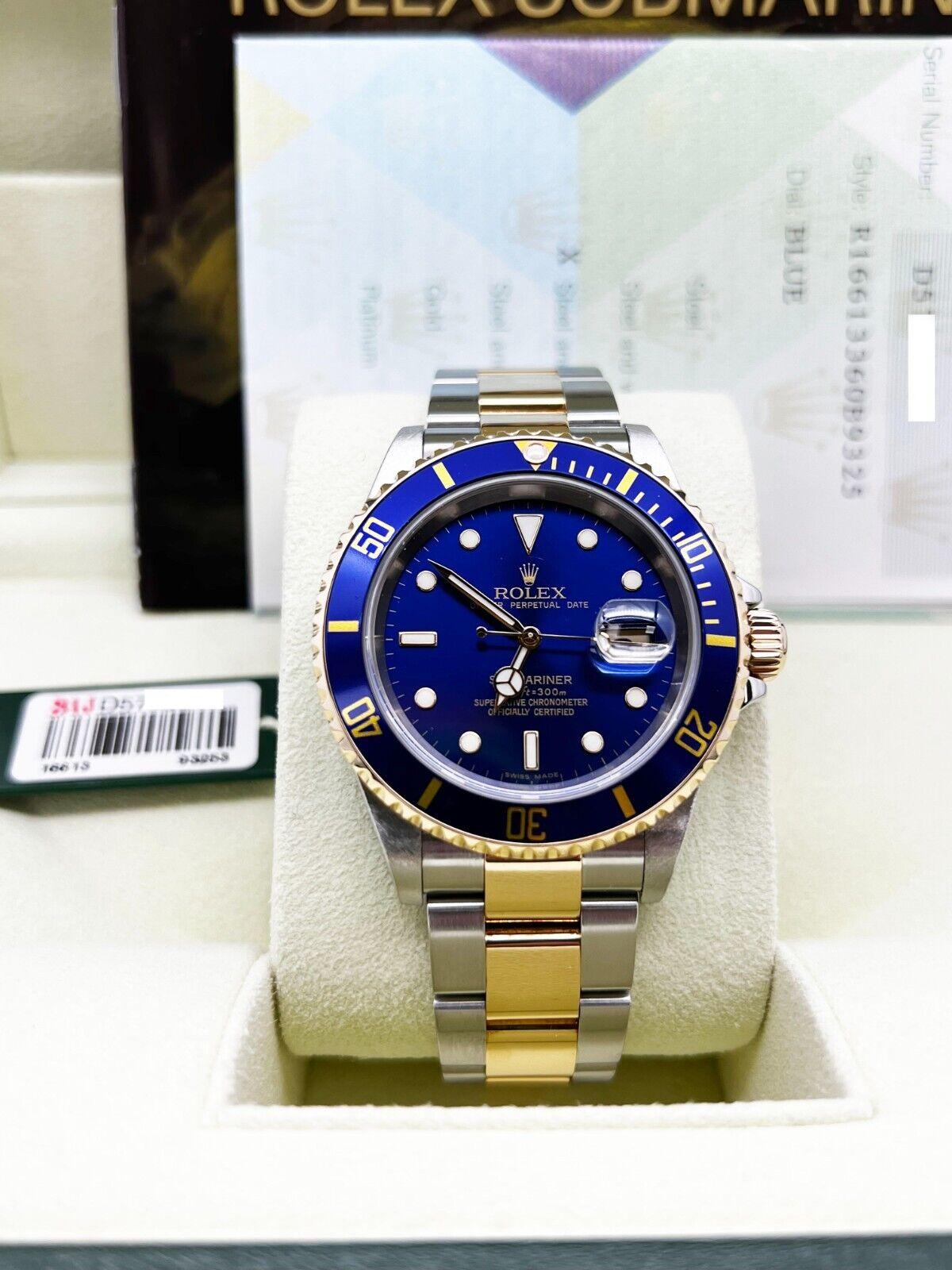 Rolex 16613 Submariner Blue Dial 18K Yellow Gold Stainless 2006 Box Paper For Sale 6