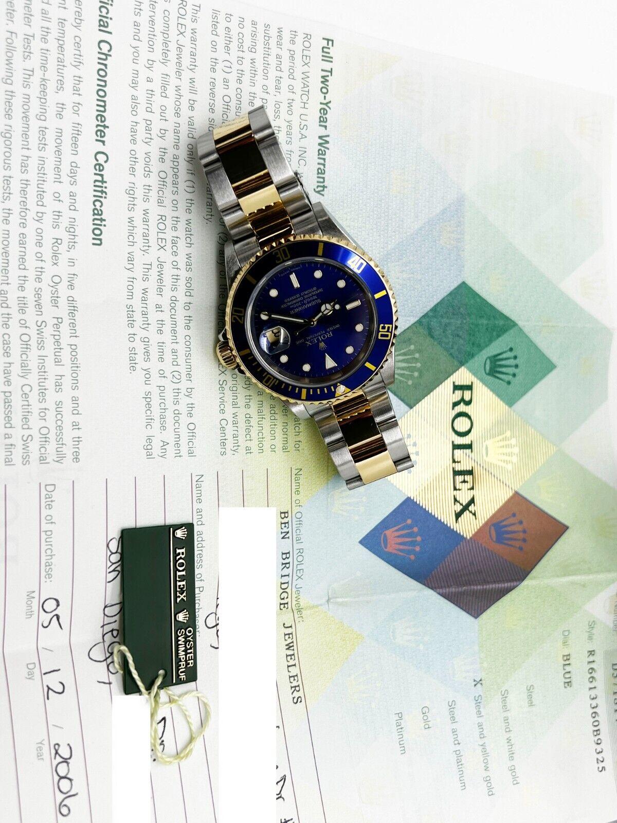 Rolex 16613 Submariner Blue Dial 18K Yellow Gold Stainless 2006 Box Paper In Excellent Condition For Sale In San Diego, CA