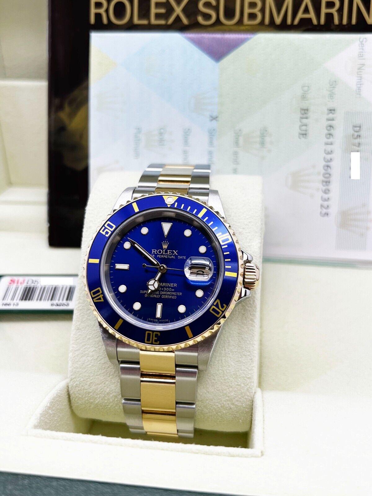 Rolex 16613 Submariner Blue Dial 18K Yellow Gold Stainless 2006 Box Paper For Sale 3