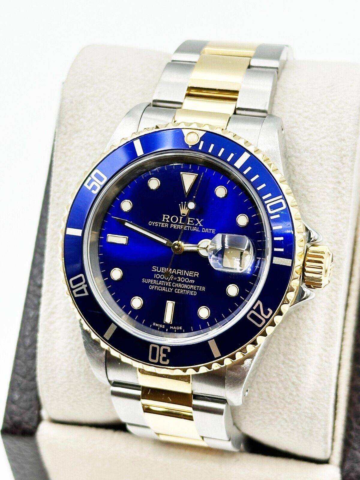 Rolex 16613 Submariner Blue Dial 18K Yellow Gold Stainless Steel In Excellent Condition In San Diego, CA